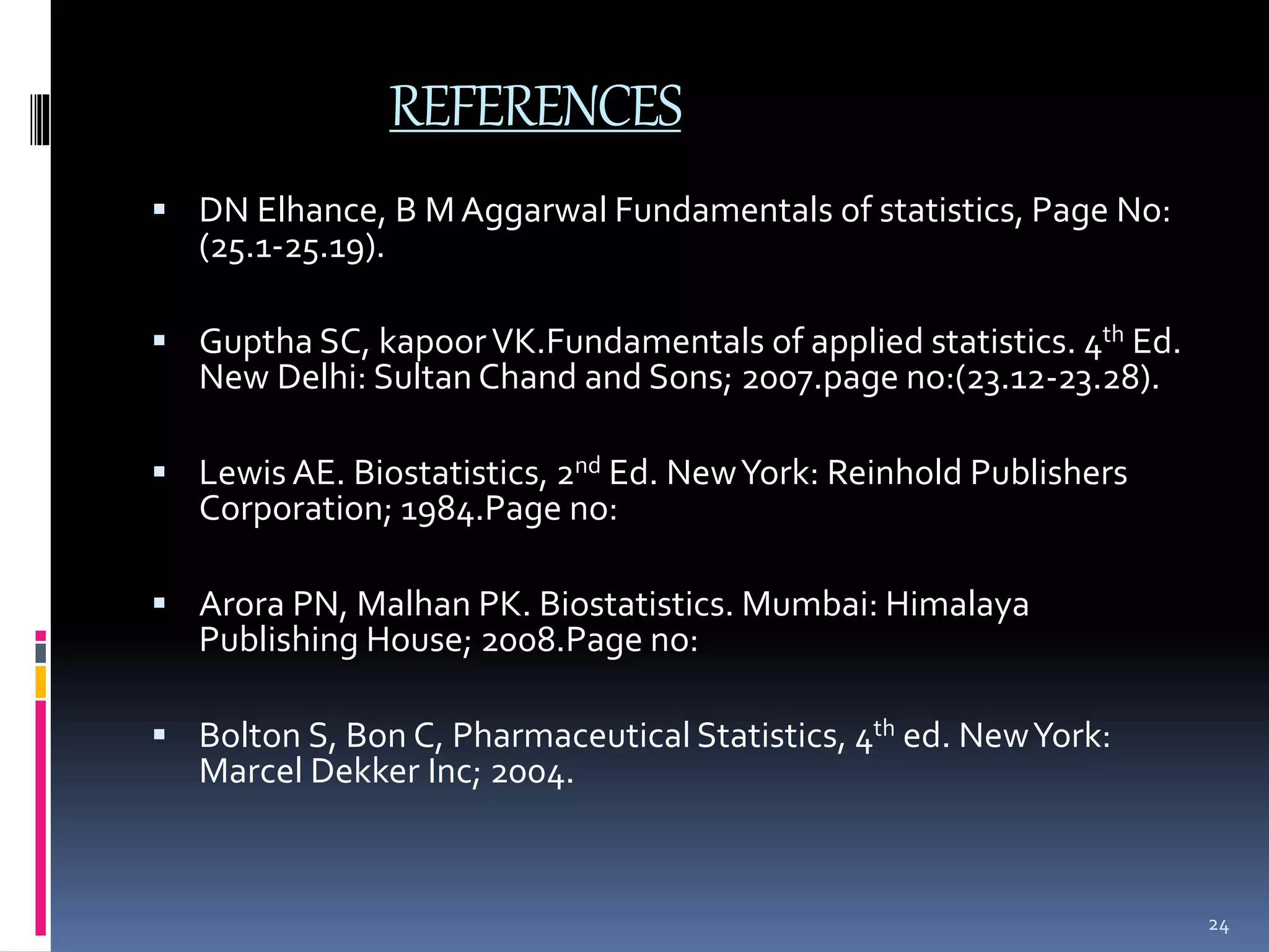 REFERENCES 
 DN Elhance, B M Aggarwal Fundamentals of statistics, Page No: 
(25.1-25.19). 
 Guptha SC, kapoor VK.Fundamentals of applied statistics. 4th Ed. 
New Delhi: Sultan Chand and Sons; 2007.page no:(23.12-23.28). 
 Lewis AE. Biostatistics, 2nd Ed. New York: Reinhold Publishers 
Corporation; 1984.Page no: 
 Arora PN, Malhan PK. Biostatistics. Mumbai: Himalaya 
Publishing House; 2008.Page no: 
 Bolton S, Bon C, Pharmaceutical Statistics, 4th ed. New York: 
Marcel Dekker Inc; 2004. 
24 
 