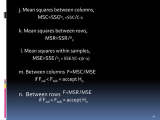 j. Mean squares between columns, 
MSC=SSC̸ᶹ1 =SSC̸C-1 
k. Mean squares between rows, 
MSR=SSR̸ ᶹ2 
l. Mean squares within samples, 
MSE=SSE̸ ᶹ3 = SSE̸(C-1)(r-1) 
m. Between columns F=MSC̸MSE 
if Fcal < Ftab = accept H0 
n. Between rows F=MSR̸MSE 
if Fcal < Ftab = accept H0 
18 
 