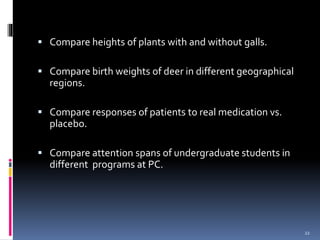  Compare heights of plants with and without galls. 
 Compare birth weights of deer in different geographical 
regions. 
 Compare responses of patients to real medication vs. 
placebo. 
 Compare attention spans of undergraduate students in 
different programs at PC. 
22 
 