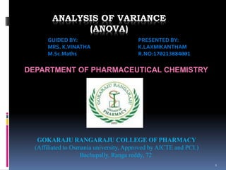 ANALYSIS OF VARIANCE 
(ANOVA) 
1 
GUIDED BY: PRESENTED BY: 
MRS. K.VINATHA K.LAXMIKANTHAM 
M.Sc.Maths R.NO:170213884001 
DEPARTMENT OF PHARMACEUTICAL CHEMISTRY 
GOKARAJU RANGARAJU COLLEGE OF PHARMACY 
(Affiliated to Osmania university, Approved by AICTE and PCI.) 
Bachupally, Ranga reddy, 72. 
 