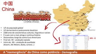 A “reemergência” da China como potência - Demografia
1.3 bilhão chineses
Fonte: Sixth National Population Census of the People's Republic of China (2010)
中国
China
48% +$
• 1/5 da população global
• 2/3 do territorio é praticamente desértico
• 2300 anos de características culturais, linguística e sociais
• É o país com a mais atinga e continua história
• Desenvolveu longe do centro Euro-Americano
• Final séc. XX – produção copiada
• Início séc. XXI – produção de qualidade
(Xiaomi, JAC Motors, Baidu, Lenovo…)
 