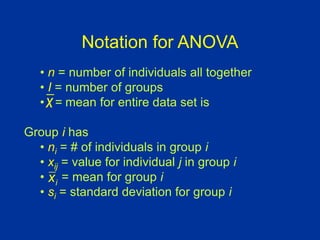 Notation for ANOVA
• n = number of individuals all together
• I = number of groups
• = mean for entire data set is
Group i has
• ni = # of individuals in group i
• xij = value for individual j in group i
• = mean for group i
• si = standard deviation for group i
i
x
x
 