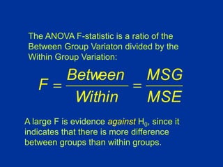 The ANOVA F-statistic is a ratio of the
Between Group Variaton divided by the
Within Group Variation:
MSE
MSG
Within
Between
F 

A large F is evidence against H0, since it
indicates that there is more difference
between groups than within groups.
 