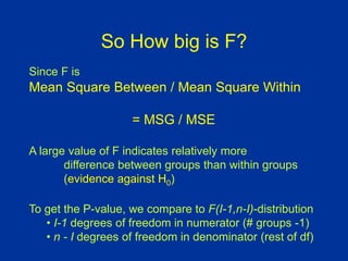 So How big is F?
Since F is
Mean Square Between / Mean Square Within
= MSG / MSE
A large value of F indicates relatively more
difference between groups than within groups
(evidence against H0)
To get the P-value, we compare to F(I-1,n-I)-distribution
• I-1 degrees of freedom in numerator (# groups -1)
• n - I degrees of freedom in denominator (rest of df)
 