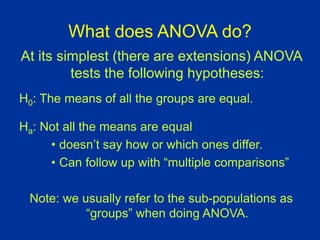 What does ANOVA do?
At its simplest (there are extensions) ANOVA
tests the following hypotheses:
H0: The means of all the groups are equal.
Ha: Not all the means are equal
• doesn’t say how or which ones differ.
• Can follow up with “multiple comparisons”
Note: we usually refer to the sub-populations as
“groups” when doing ANOVA.
 