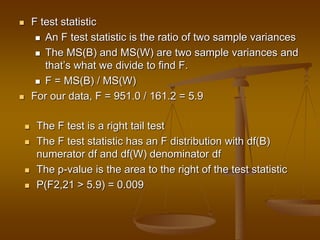  F test statistic
 An F test statistic is the ratio of two sample variances
 The MS(B) and MS(W) are two sample variances and
that’s what we divide to find F.
 F = MS(B) / MS(W)
 For our data, F = 951.0 / 161.2 = 5.9
 The F test is a right tail test
 The F test statistic has an F distribution with df(B)
numerator df and df(W) denominator df
 The p-value is the area to the right of the test statistic
 P(F2,21 > 5.9) = 0.009
 