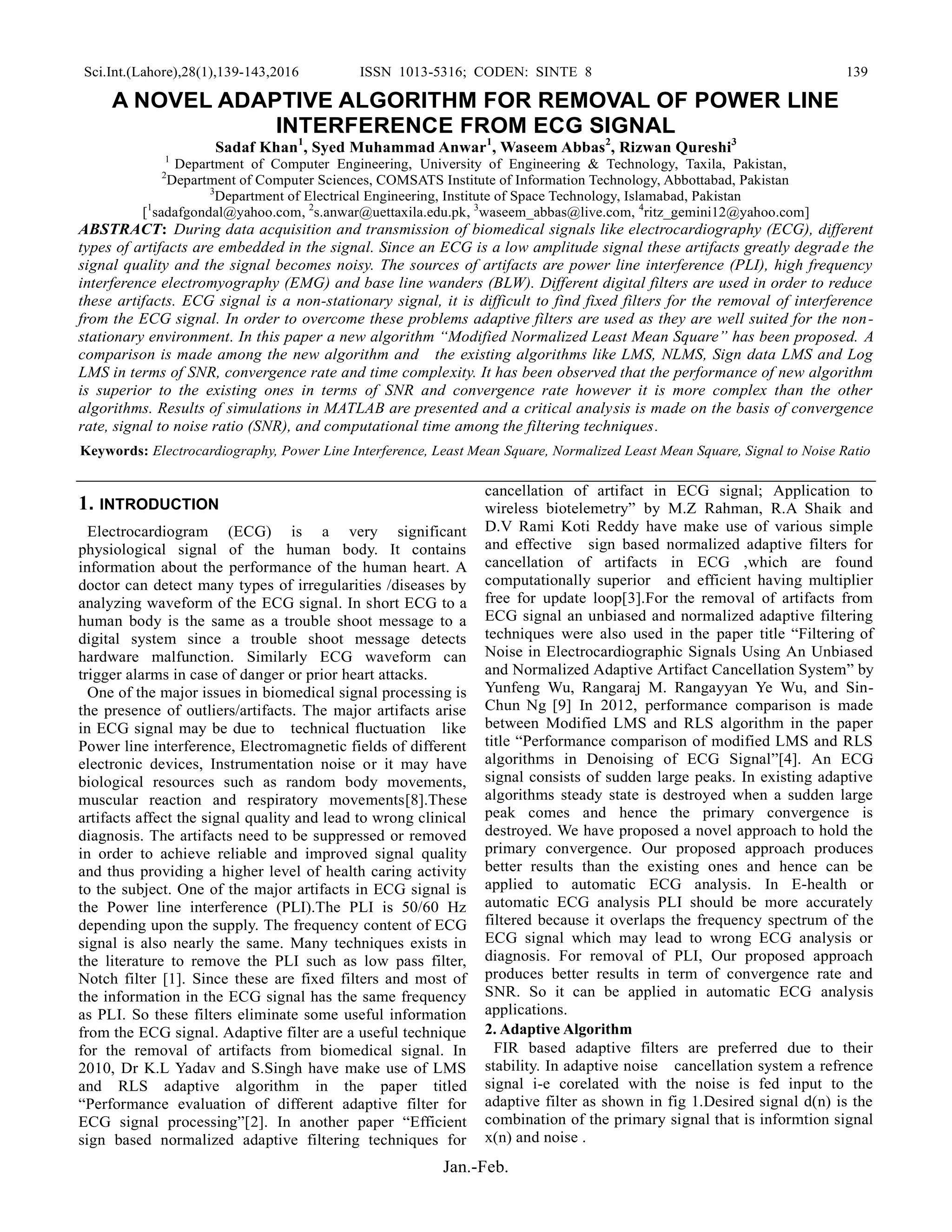 A novel adaptive algorithm for removal of power line interference from ...
