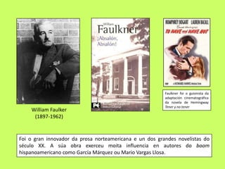 Faulkner foi o guionista da
                                                         adaptación cinematográfica
                                                         da novela de Hemingway
                                                         Tener y no tener
    William Faulker
     (1897-1962)


Foi o gran innovador da prosa norteamericana e un dos grandes novelistas do
século XX. A súa obra exerceu moita influencia en autores do boom
hispanoamericano como García Márquez ou Mario Vargas Llosa.
 