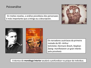 Psicoanálise

 En moitas novelas, a análise psicolóxica dos personaxes
é máis importante que a intriga ou a descripción.




                                            Os narradores austríacos da primeira
                                            metade do XX –Arthur
                                            Schnitzler, Hermann Broch, Stephan
                                            Zweig- manifestaron un gran interés
                                            pola psicoloxía



      A técnica do monólogo interior axudará a profundizar na psique do individuo.
 