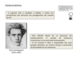 Existencialismo

   A angustia vital, a soedade, a dúbida, o medo, son
 sentimentos que abruman aos protagonistas das novelas
 do XX.




                              Este filósofo danés foi un precursor do
                            existencialismo. O sentido da existencia
                            converteuse na súa principal preocupación.
                              O ser humano é libre e responsable das súas
                            propias decisións; ao mesmo tempo é consciente
                            da brevedade da súa existencia.
   Sören Kierkegaard
      (1813-1855)
 