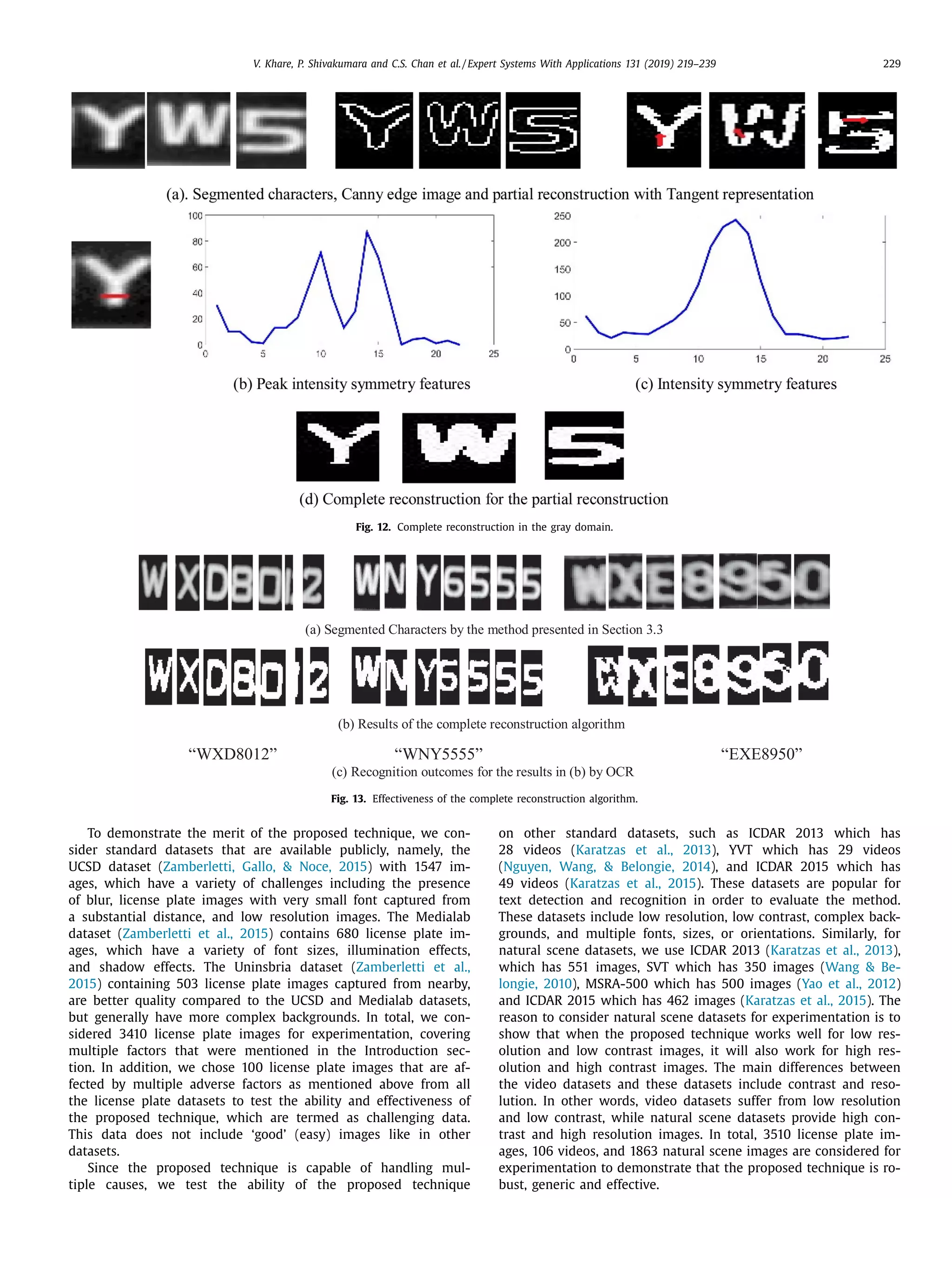 V. Khare, P. Shivakumara and C.S. Chan et al. / Expert Systems With Applications 131 (2019) 219–239 229
Fig. 12. Complete reconstruction in the gray domain.
Fig. 13. Effectiveness of the complete reconstruction algorithm.
To demonstrate the merit of the proposed technique, we con-
sider standard datasets that are available publicly, namely, the
UCSD dataset (Zamberletti, Gallo,  Noce, 2015) with 1547 im-
ages, which have a variety of challenges including the presence
of blur, license plate images with very small font captured from
a substantial distance, and low resolution images. The Medialab
dataset (Zamberletti et al., 2015) contains 680 license plate im-
ages, which have a variety of font sizes, illumination effects,
and shadow effects. The Uninsbria dataset (Zamberletti et al.,
2015) containing 503 license plate images captured from nearby,
are better quality compared to the UCSD and Medialab datasets,
but generally have more complex backgrounds. In total, we con-
sidered 3410 license plate images for experimentation, covering
multiple factors that were mentioned in the Introduction sec-
tion. In addition, we chose 100 license plate images that are af-
fected by multiple adverse factors as mentioned above from all
the license plate datasets to test the ability and effectiveness of
the proposed technique, which are termed as challenging data.
This data does not include ‘good’ (easy) images like in other
datasets.
Since the proposed technique is capable of handling mul-
tiple causes, we test the ability of the proposed technique
on other standard datasets, such as ICDAR 2013 which has
28 videos (Karatzas et al., 2013), YVT which has 29 videos
(Nguyen, Wang,  Belongie, 2014), and ICDAR 2015 which has
49 videos (Karatzas et al., 2015). These datasets are popular for
text detection and recognition in order to evaluate the method.
These datasets include low resolution, low contrast, complex back-
grounds, and multiple fonts, sizes, or orientations. Similarly, for
natural scene datasets, we use ICDAR 2013 (Karatzas et al., 2013),
which has 551 images, SVT which has 350 images (Wang  Be-
longie, 2010), MSRA-500 which has 500 images (Yao et al., 2012)
and ICDAR 2015 which has 462 images (Karatzas et al., 2015). The
reason to consider natural scene datasets for experimentation is to
show that when the proposed technique works well for low res-
olution and low contrast images, it will also work for high res-
olution and high contrast images. The main differences between
the video datasets and these datasets include contrast and reso-
lution. In other words, video datasets suffer from low resolution
and low contrast, while natural scene datasets provide high con-
trast and high resolution images. In total, 3510 license plate im-
ages, 106 videos, and 1863 natural scene images are considered for
experimentation to demonstrate that the proposed technique is ro-
bust, generic and effective.
 