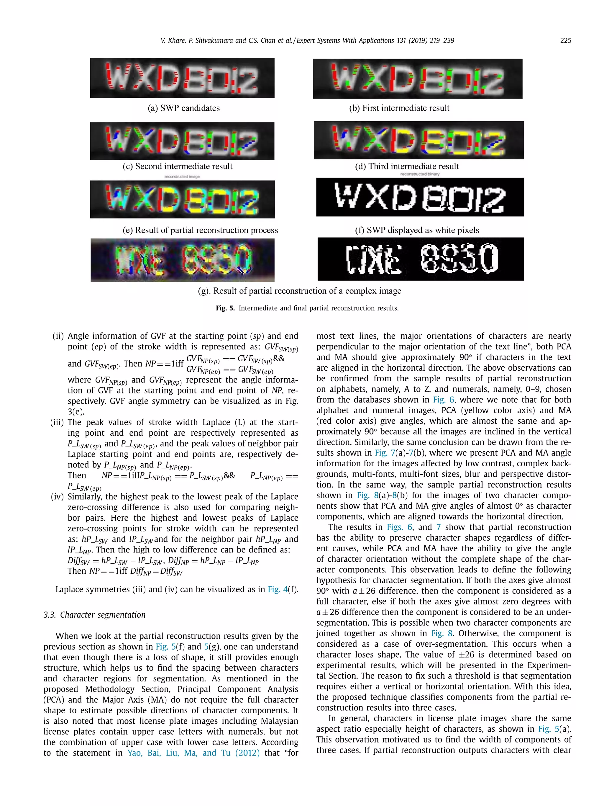 V. Khare, P. Shivakumara and C.S. Chan et al. / Expert Systems With Applications 131 (2019) 219–239 225
Fig. 5. Intermediate and ﬁnal partial reconstruction results.
(ii) Angle information of GVF at the starting point (sp) and end
point (ep) of the stroke width is represented as: GVFSW(sp)
and GVFSW(ep). Then NP = =1iff
GVFNP(sp) == GVFSW (sp)
GVFNP(ep) == GVFSW (ep)
where GVFNP(sp) and GVFNP(ep) represent the angle informa-
tion of GVF at the starting point and end point of NP, re-
spectively. GVF angle symmetry can be visualized as in Fig.
3(e).
(iii) The peak values of stroke width Laplace (L) at the start-
ing point and end point are respectively represented as
P_LSW (sp) and P_LSW (ep), and the peak values of neighbor pair
Laplace starting point and end points are, respectively de-
noted by P_LNP(sp) and P_LNP(ep).
Then NP = =1iffP_LNP(sp) == P_LSW (sp) P_LNP(ep) ==
P_LSW (ep)
(iv) Similarly, the highest peak to the lowest peak of the Laplace
zero-crossing difference is also used for comparing neigh-
bor pairs. Here the highest and lowest peaks of Laplace
zero-crossing points for stroke width can be represented
as: hP_LSW and lP_LSW and for the neighbor pair hP_LNP and
lP_LNP. Then the high to low difference can be deﬁned as:
DiffSW = hP_LSW − lP_LSW , DiffNP = hP_LNP − lP_LNP
Then NP = =1iff DiffNP = DiffSW
Laplace symmetries (iii) and (iv) can be visualized as in Fig. 4(f).
3.3. Character segmentation
When we look at the partial reconstruction results given by the
previous section as shown in Fig. 5(f) and 5(g), one can understand
that even though there is a loss of shape, it still provides enough
structure, which helps us to ﬁnd the spacing between characters
and character regions for segmentation. As mentioned in the
proposed Methodology Section, Principal Component Analysis
(PCA) and the Major Axis (MA) do not require the full character
shape to estimate possible directions of character components. It
is also noted that most license plate images including Malaysian
license plates contain upper case letters with numerals, but not
the combination of upper case with lower case letters. According
to the statement in Yao, Bai, Liu, Ma, and Tu (2012) that “for
most text lines, the major orientations of characters are nearly
perpendicular to the major orientation of the text line”, both PCA
and MA should give approximately 90° if characters in the text
are aligned in the horizontal direction. The above observations can
be conﬁrmed from the sample results of partial reconstruction
on alphabets, namely, A to Z, and numerals, namely, 0–9, chosen
from the databases shown in Fig. 6, where we note that for both
alphabet and numeral images, PCA (yellow color axis) and MA
(red color axis) give angles, which are almost the same and ap-
proximately 90° because all the images are inclined in the vertical
direction. Similarly, the same conclusion can be drawn from the re-
sults shown in Fig. 7(a)-7(b), where we present PCA and MA angle
information for the images affected by low contrast, complex back-
grounds, multi-fonts, multi-font sizes, blur and perspective distor-
tion. In the same way, the sample partial reconstruction results
shown in Fig. 8(a)-8(b) for the images of two character compo-
nents show that PCA and MA give angles of almost 0° as character
components, which are aligned towards the horizontal direction.
The results in Figs. 6, and 7 show that partial reconstruction
has the ability to preserve character shapes regardless of differ-
ent causes, while PCA and MA have the ability to give the angle
of character orientation without the complete shape of the char-
acter components. This observation leads to deﬁne the following
hypothesis for character segmentation. If both the axes give almost
90° with a ± 26 difference, then the component is considered as a
full character, else if both the axes give almost zero degrees with
a ± 26 difference then the component is considered to be an under-
segmentation. This is possible when two character components are
joined together as shown in Fig. 8. Otherwise, the component is
considered as a case of over-segmentation. This occurs when a
character loses shape. The value of ±26 is determined based on
experimental results, which will be presented in the Experimen-
tal Section. The reason to ﬁx such a threshold is that segmentation
requires either a vertical or horizontal orientation. With this idea,
the proposed technique classiﬁes components from the partial re-
construction results into three cases.
In general, characters in license plate images share the same
aspect ratio especially height of characters, as shown in Fig. 5(a).
This observation motivated us to ﬁnd the width of components of
three cases. If partial reconstruction outputs characters with clear
 