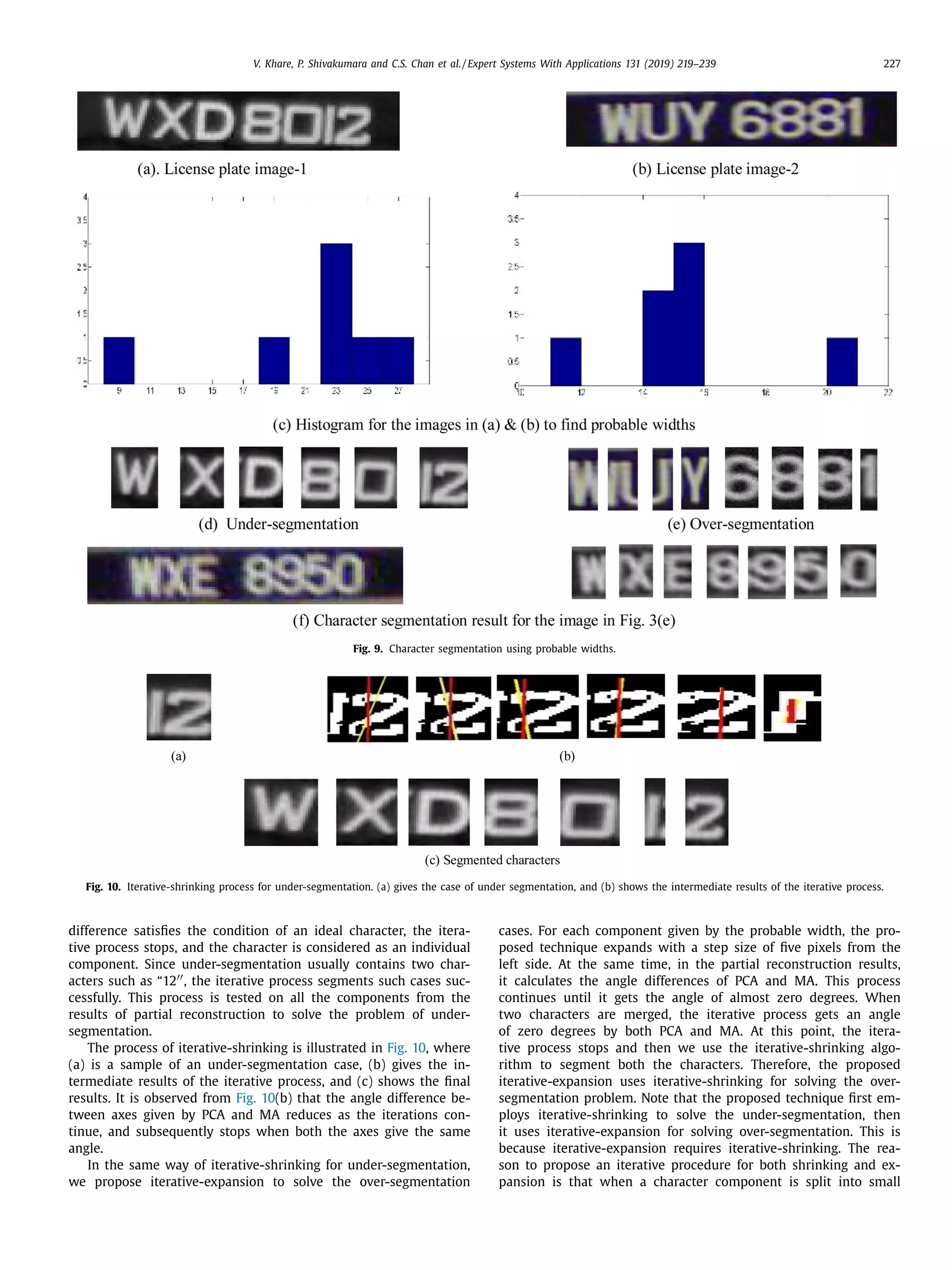 V. Khare, P. Shivakumara and C.S. Chan et al. / Expert Systems With Applications 131 (2019) 219–239 227
Fig. 9. Character segmentation using probable widths.
Fig. 10. Iterative-shrinking process for under-segmentation. (a) gives the case of under segmentation, and (b) shows the intermediate results of the iterative process.
difference satisﬁes the condition of an ideal character, the itera-
tive process stops, and the character is considered as an individual
component. Since under-segmentation usually contains two char-
acters such as “12, the iterative process segments such cases suc-
cessfully. This process is tested on all the components from the
results of partial reconstruction to solve the problem of under-
segmentation.
The process of iterative-shrinking is illustrated in Fig. 10, where
(a) is a sample of an under-segmentation case, (b) gives the in-
termediate results of the iterative process, and (c) shows the ﬁnal
results. It is observed from Fig. 10(b) that the angle difference be-
tween axes given by PCA and MA reduces as the iterations con-
tinue, and subsequently stops when both the axes give the same
angle.
In the same way of iterative-shrinking for under-segmentation,
we propose iterative-expansion to solve the over-segmentation
cases. For each component given by the probable width, the pro-
posed technique expands with a step size of ﬁve pixels from the
left side. At the same time, in the partial reconstruction results,
it calculates the angle differences of PCA and MA. This process
continues until it gets the angle of almost zero degrees. When
two characters are merged, the iterative process gets an angle
of zero degrees by both PCA and MA. At this point, the itera-
tive process stops and then we use the iterative-shrinking algo-
rithm to segment both the characters. Therefore, the proposed
iterative-expansion uses iterative-shrinking for solving the over-
segmentation problem. Note that the proposed technique ﬁrst em-
ploys iterative-shrinking to solve the under-segmentation, then
it uses iterative-expansion for solving over-segmentation. This is
because iterative-expansion requires iterative-shrinking. The rea-
son to propose an iterative procedure for both shrinking and ex-
pansion is that when a character component is split into small
 