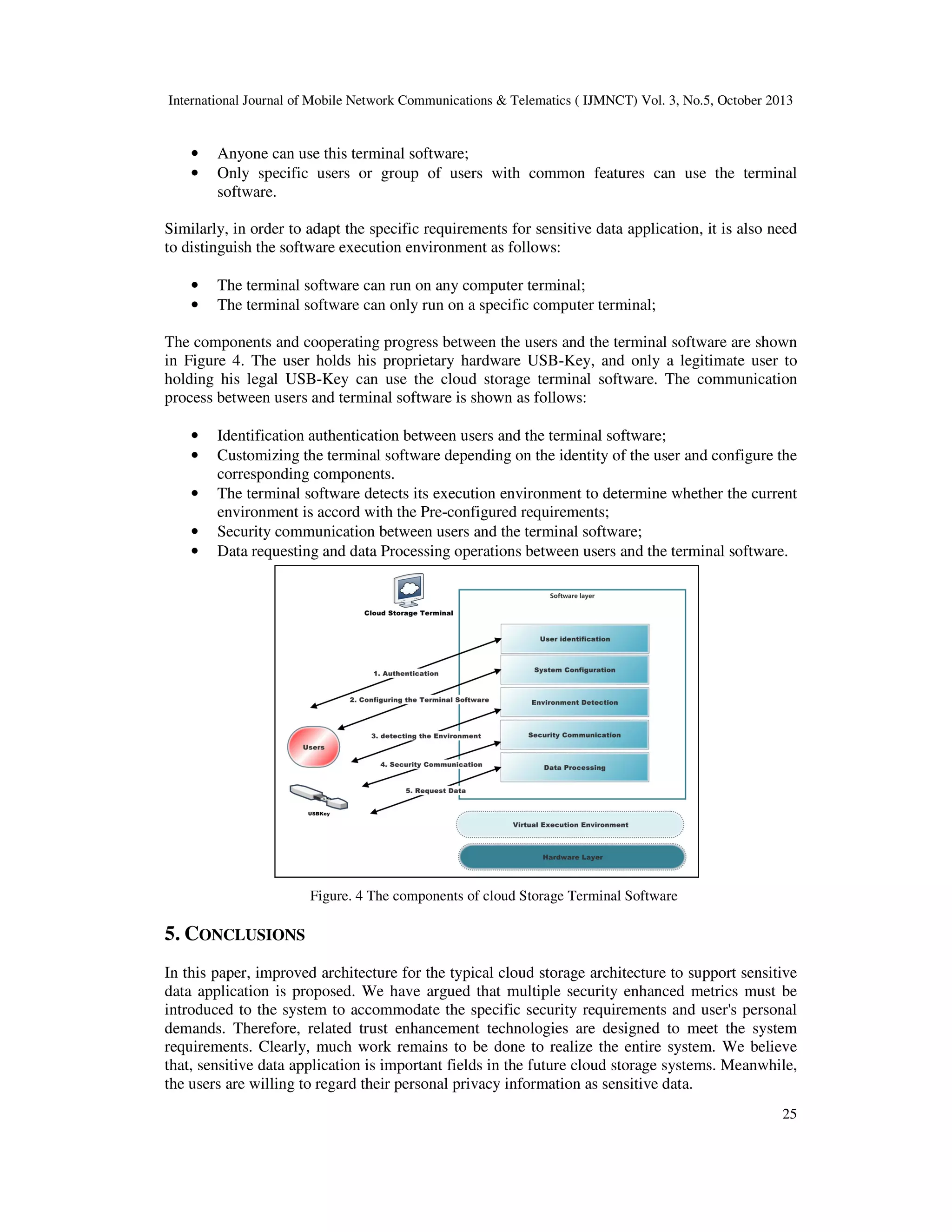 International Journal of Mobile Network Communications & Telematics ( IJMNCT) Vol. 3, No.5, October 2013

•
•

Anyone can use this terminal software;
Only specific users or group of users with common features can use the terminal
software.

Similarly, in order to adapt the specific requirements for sensitive data application, it is also need
to distinguish the software execution environment as follows:
•
•

The terminal software can run on any computer terminal;
The terminal software can only run on a specific computer terminal;

The components and cooperating progress between the users and the terminal software are shown
in Figure 4. The user holds his proprietary hardware USB-Key, and only a legitimate user to
holding his legal USB-Key can use the cloud storage terminal software. The communication
process between users and terminal software is shown as follows:
•
•
•
•
•

Identification authentication between users and the terminal software;
Customizing the terminal software depending on the identity of the user and configure the
corresponding components.
The terminal software detects its execution environment to determine whether the current
environment is accord with the Pre-configured requirements;
Security communication between users and the terminal software;
Data requesting and data Processing operations between users and the terminal software.

Figure. 4 The components of cloud Storage Terminal Software

5. CONCLUSIONS
In this paper, improved architecture for the typical cloud storage architecture to support sensitive
data application is proposed. We have argued that multiple security enhanced metrics must be
introduced to the system to accommodate the specific security requirements and user's personal
demands. Therefore, related trust enhancement technologies are designed to meet the system
requirements. Clearly, much work remains to be done to realize the entire system. We believe
that, sensitive data application is important fields in the future cloud storage systems. Meanwhile,
the users are willing to regard their personal privacy information as sensitive data.
25

 