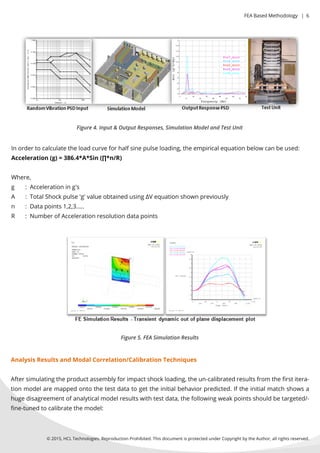 Inordertocalculatetheloadcurveforhalfsinepulseloading,theempiricalequationbelowcanbeused:
Acceleration(g)=386.4*A*Sin(∏*n/R)
Where,
g :Accelerationing's
A :TotalShockpulse'g'valueobtainedusing∆Vequationshownpreviously
n :Datapoints1,2,3.....
RR :NumberofAccelerationresolutiondatapoints
Figure4.Input&OutputResponses,SimulationModelandTestUnit
Figure5.FEASimulationResults
©2015,HCLTechnologies.ReproductionProhibited.ThisdocumentisprotectedunderCopyrightbytheAuthor,allrightsreserved.
FEABasedMethodology |6
AnalysisResultsandModalCorrelation/CalibrationTechniques
Aftersimulatingtheproductassemblyforimpactshockloading,theun-calibratedresultsfrom theﬁrstitera-
tionmodelaremappedontothetestdatatogettheinitialbehaviorpredicted.Iftheinitialmatchshowsa
hugedisagreementofanalyticalmodelresultswithtestdata,thefollowingweakpointsshouldbetargeted/-
ﬁne-tunedtocalibratethemodel:
 