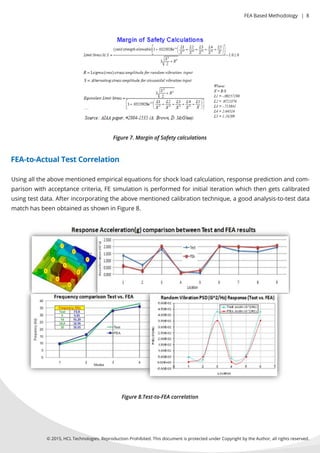 Usingalltheabovementionedempiricalequationsforshockloadcalculation,responsepredictionandcom-
parisonwithacceptancecriteria,FEsimulationisperformedforinitialiterationwhichthengetscalibrated
usingtestdata.Afterincorporatingtheabovementionedcalibrationtechnique,agoodanalysis-to-testdata
matchhasbeenobtainedasshowninFigure8.
Figure7.MarginofSafetycalculations
Figure8.Test-to-FEAcorrelation
©2015,HCLTechnologies.ReproductionProhibited.ThisdocumentisprotectedunderCopyrightbytheAuthor,allrightsreserved.
FEA-to-ActualTestCorrelation
FEABasedMethodology |8
 