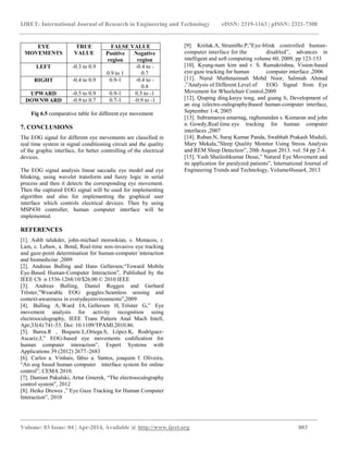 IJRET: International Journal of Research in Engineering and Technology eISSN: 2319-1163 | pISSN: 2321-7308
_______________________________________________________________________________________
Volume: 03 Issue: 04 | Apr-2014, Available @ http://www.ijret.org 803
Fig 6.5 comparative table for different eye movement
7. CONCLUSIONS
The EOG signal for different eye movements are classified in
real time system in signal conditioning circuit and the quality
of the graphic interface, for better controlling of the electrical
devices.
The EOG signal analysis linear saccadic eye model and eye
blinking, using wavelet transform and fuzzy logic in serial
process and then it detects the corresponding eye movement.
Then the captured EOG signal will be used for implementing
algorithm and also for implementing the graphical user
interface which controls electrical devices. Then by using
MSP430 controller, human computer interface will be
implemented.
REFERENCES
[1]. Ashlt talukder, john-michael morookian, s. Monacos, r.
Lam, c. Lebaw, a. Bond, Real-time non-invasive eye tracking
and gaze-point determination for human-computer interaction
and biomedicine ,2009
[2]. Andreas Bulling and Hans Gellersen,“Toward Mobile
Eye-Based Human-Computer Interaction”, Published by the
IEEE CS n 1536-1268/10/$26.00 © 2010 IEEE
[3]. Andreas Bulling, Daniel Roggen and Gerhard
Tröster,”Wearable EOG goggles:Seamless sensing and
context-awareness in everydayenvironments”,2009
[4]. Bulling A, Ward JA, Gellersen H, Tröster G,” Eye
movement analysis for activity recognition using
electrooculography, IEEE Trans Pattern Anal Mach Intell,
Apr;33(4):741-53. Doi: 10.1109/TPAMI.2010.86.
[5]. Barea.R , Boquete.L,Ortega.S, López.K, Rodríguez-
Ascariz.J,” EOG-based eye movements codification for
human computer interaction”, Expert Systems with
Applications 39 (2012) 2677–2683
[6]. Carlos a. Vinhais, fábio a. Santos, joaquim f. Oliveira,
“An eog based human computer interface system for online
control”, CEMA 2010.
[7]. Damian Pakulski, Artur Gmerek, “The electrooculography
control system”, 2012
[8]. Heiko Drewes ,” Eye Gaze Tracking for Human Computer
Interaction”, 2010
[9]. Królak.A, Strumiłło.P,”Eye-blink controlled human-
computer interface for the disabled”, advances in
intelligent and soft computing volume 60, 2009, pp 123-133
[10]. Kyung-nam kim and r. S. Ramakrishna, Vision-based
eye-gaze tracking for human computer interface ,2006
[11]. Nurul Muthmainnah Mohd Noor, Salmiah Ahmad
,”Analysis of Different Level of EOG Signal from Eye
Movement for Wheelchair Control,2009
[12]. Qiuping ding,kaiyu tong, and guang li, Development of
an eog (electro-oulography)based human-computer interface,
September 1-4, 2005
[13]. Subramanya amarnag, raghunandan s. Kumaran and john
n. Gowdy,Real time eye tracking for human computer
interfaces ,2007
[14]. Ruban.N, Suraj Kumar Panda, Swabhab Prakash Muduli,
Mary Mekala,”Sleep Quality Monitor Using Stress Analysis
and REM Sleep Detection”, 20th August 2013. vol. 54 pp 2-4.
[15]. Yash Shaileshkumar Desai,” Natural Eye Movement and
its application for paralyzed patients”, International Journal of
Engineering Trends and Technology, Volume4Issue4, 2013
EYE
MOVEMENTS
TRUE
VALUE
FALSE VALUE
Positive
region
Negative
region
LEFT -0.3 to 0.9
0.9 to 1
-0.4 to -
0.7
RIGHT -0.4 to 0.9 0.9-1 -0.4 to -
0.8
UPWARD -0.5 to 0.9 0.9-1 0.5 to -1
DOWNWARD -0.9 to 0.7 0.7-1 -0.9 to -1
 