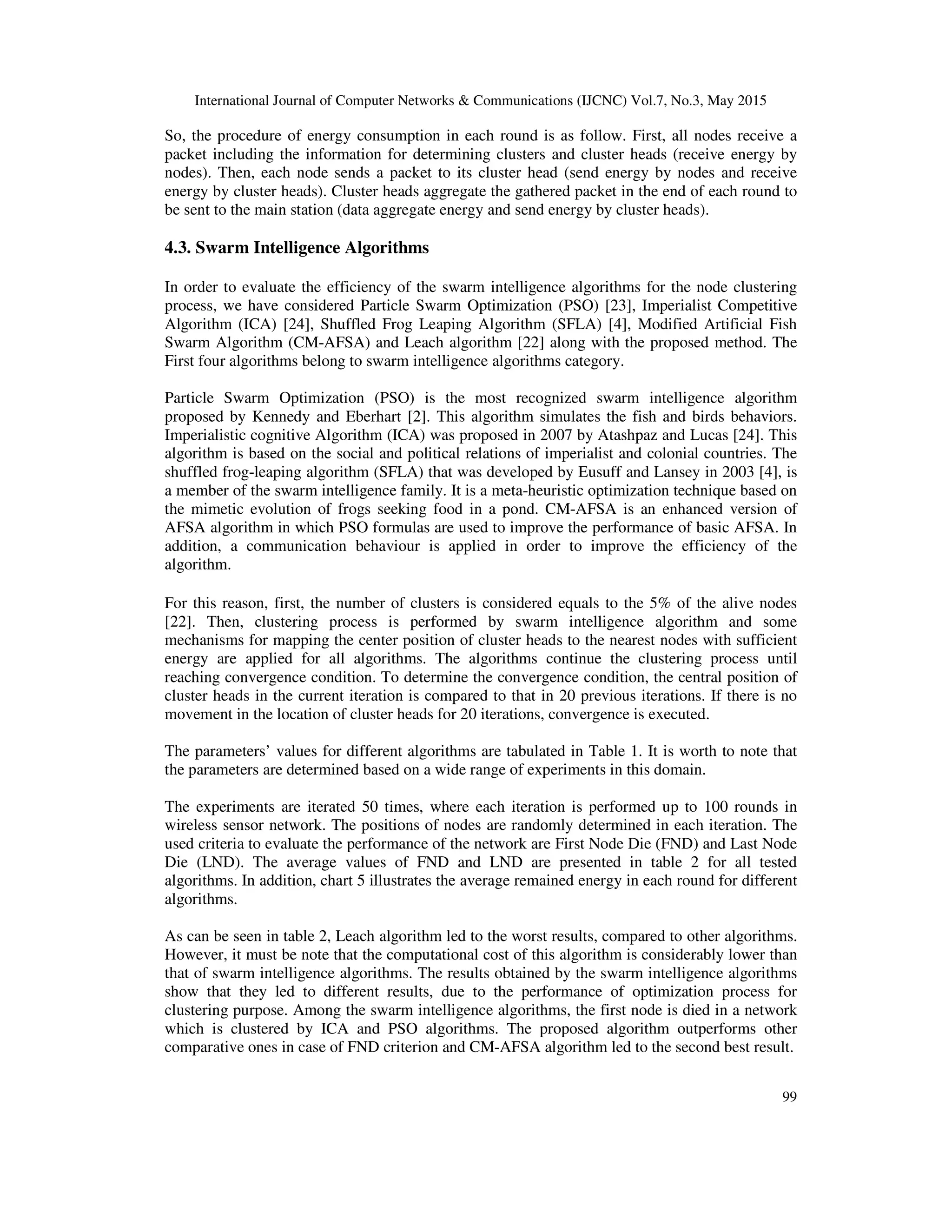 International Journal of Computer Networks & Communications (IJCNC) Vol.7, No.3, May 2015
99
So, the procedure of energy consumption in each round is as follow. First, all nodes receive a
packet including the information for determining clusters and cluster heads (receive energy by
nodes). Then, each node sends a packet to its cluster head (send energy by nodes and receive
energy by cluster heads). Cluster heads aggregate the gathered packet in the end of each round to
be sent to the main station (data aggregate energy and send energy by cluster heads).
4.3. Swarm Intelligence Algorithms
In order to evaluate the efficiency of the swarm intelligence algorithms for the node clustering
process, we have considered Particle Swarm Optimization (PSO) [23], Imperialist Competitive
Algorithm (ICA) [24], Shuffled Frog Leaping Algorithm (SFLA) [4], Modified Artificial Fish
Swarm Algorithm (CM-AFSA) and Leach algorithm [22] along with the proposed method. The
First four algorithms belong to swarm intelligence algorithms category.
Particle Swarm Optimization (PSO) is the most recognized swarm intelligence algorithm
proposed by Kennedy and Eberhart [2]. This algorithm simulates the fish and birds behaviors.
Imperialistic cognitive Algorithm (ICA) was proposed in 2007 by Atashpaz and Lucas [24]. This
algorithm is based on the social and political relations of imperialist and colonial countries. The
shuffled frog-leaping algorithm (SFLA) that was developed by Eusuff and Lansey in 2003 [4], is
a member of the swarm intelligence family. It is a meta-heuristic optimization technique based on
the mimetic evolution of frogs seeking food in a pond. CM-AFSA is an enhanced version of
AFSA algorithm in which PSO formulas are used to improve the performance of basic AFSA. In
addition, a communication behaviour is applied in order to improve the efficiency of the
algorithm.
For this reason, first, the number of clusters is considered equals to the 5% of the alive nodes
[22]. Then, clustering process is performed by swarm intelligence algorithm and some
mechanisms for mapping the center position of cluster heads to the nearest nodes with sufficient
energy are applied for all algorithms. The algorithms continue the clustering process until
reaching convergence condition. To determine the convergence condition, the central position of
cluster heads in the current iteration is compared to that in 20 previous iterations. If there is no
movement in the location of cluster heads for 20 iterations, convergence is executed.
The parameters’ values for different algorithms are tabulated in Table 1. It is worth to note that
the parameters are determined based on a wide range of experiments in this domain.
The experiments are iterated 50 times, where each iteration is performed up to 100 rounds in
wireless sensor network. The positions of nodes are randomly determined in each iteration. The
used criteria to evaluate the performance of the network are First Node Die (FND) and Last Node
Die (LND). The average values of FND and LND are presented in table 2 for all tested
algorithms. In addition, chart 5 illustrates the average remained energy in each round for different
algorithms.
As can be seen in table 2, Leach algorithm led to the worst results, compared to other algorithms.
However, it must be note that the computational cost of this algorithm is considerably lower than
that of swarm intelligence algorithms. The results obtained by the swarm intelligence algorithms
show that they led to different results, due to the performance of optimization process for
clustering purpose. Among the swarm intelligence algorithms, the first node is died in a network
which is clustered by ICA and PSO algorithms. The proposed algorithm outperforms other
comparative ones in case of FND criterion and CM-AFSA algorithm led to the second best result.
 