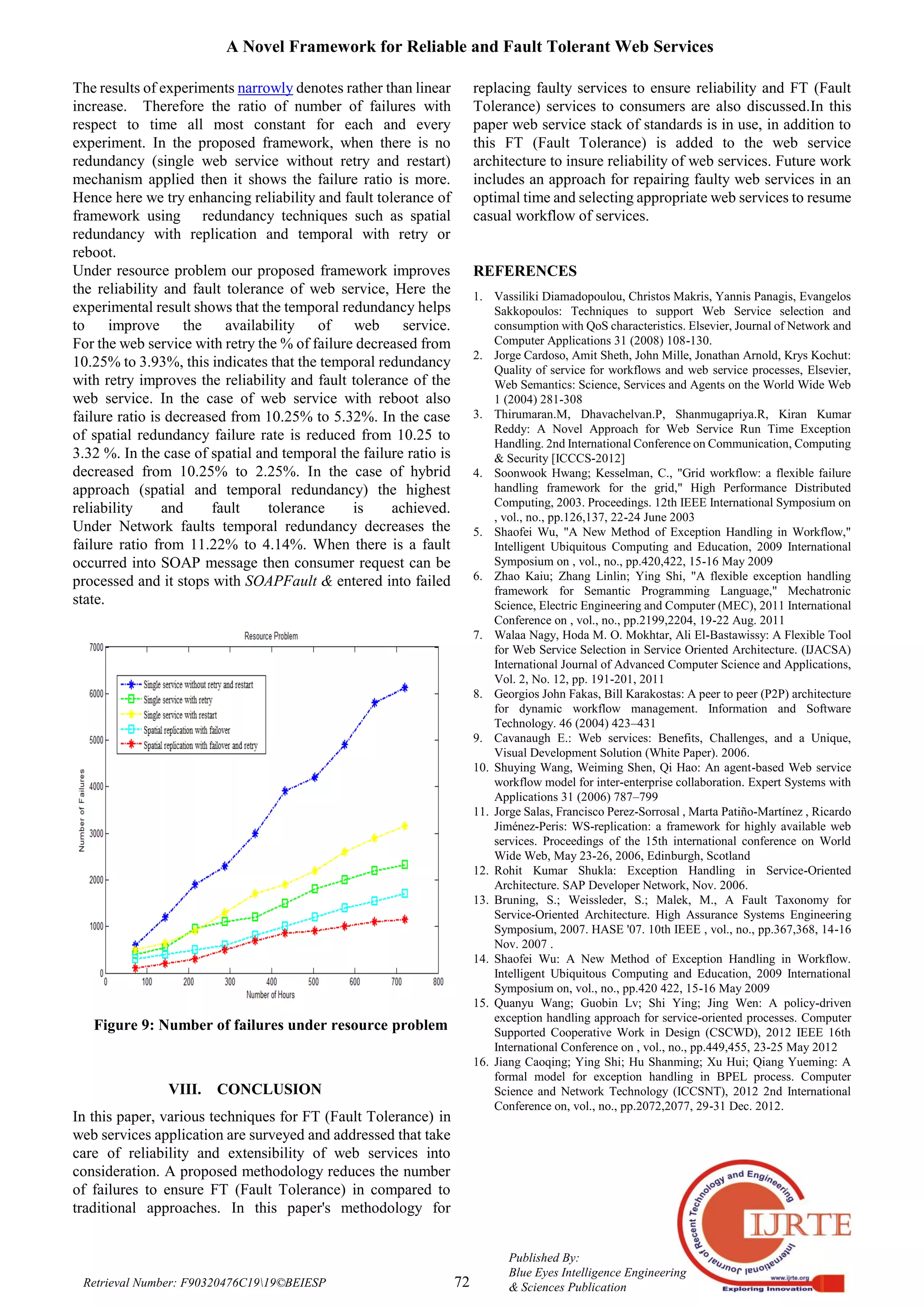 A Novel Framework for Reliable and Fault Tolerant Web Services
72
Published By:
Blue Eyes Intelligence Engineering
& Sciences PublicationRetrieval Number: F90320476C1919©BEIESP
The results of experiments narrowly denotes rather than linear
increase. Therefore the ratio of number of failures with
respect to time all most constant for each and every
experiment. In the proposed framework, when there is no
redundancy (single web service without retry and restart)
mechanism applied then it shows the failure ratio is more.
Hence here we try enhancing reliability and fault tolerance of
framework using redundancy techniques such as spatial
redundancy with replication and temporal with retry or
reboot.
Under resource problem our proposed framework improves
the reliability and fault tolerance of web service, Here the
experimental result shows that the temporal redundancy helps
to improve the availability of web service.
For the web service with retry the % of failure decreased from
10.25% to 3.93%, this indicates that the temporal redundancy
with retry improves the reliability and fault tolerance of the
web service. In the case of web service with reboot also
failure ratio is decreased from 10.25% to 5.32%. In the case
of spatial redundancy failure rate is reduced from 10.25 to
3.32 %. In the case of spatial and temporal the failure ratio is
decreased from 10.25% to 2.25%. In the case of hybrid
approach (spatial and temporal redundancy) the highest
reliability and fault tolerance is achieved.
Under Network faults temporal redundancy decreases the
failure ratio from 11.22% to 4.14%. When there is a fault
occurred into SOAP message then consumer request can be
processed and it stops with SOAPFault & entered into failed
state.
Figure 9: Number of failures under resource problem
VIII. CONCLUSION
In this paper, various techniques for FT (Fault Tolerance) in
web services application are surveyed and addressed that take
care of reliability and extensibility of web services into
consideration. A proposed methodology reduces the number
of failures to ensure FT (Fault Tolerance) in compared to
traditional approaches. In this paper's methodology for
replacing faulty services to ensure reliability and FT (Fault
Tolerance) services to consumers are also discussed.In this
paper web service stack of standards is in use, in addition to
this FT (Fault Tolerance) is added to the web service
architecture to insure reliability of web services. Future work
includes an approach for repairing faulty web services in an
optimal time and selecting appropriate web services to resume
casual workflow of services.
REFERENCES
1. Vassiliki Diamadopoulou, Christos Makris, Yannis Panagis, Evangelos
Sakkopoulos: Techniques to support Web Service selection and
consumption with QoS characteristics. Elsevier, Journal of Network and
Computer Applications 31 (2008) 108-130.
2. Jorge Cardoso, Amit Sheth, John Mille, Jonathan Arnold, Krys Kochut:
Quality of service for workflows and web service processes, Elsevier,
Web Semantics: Science, Services and Agents on the World Wide Web
1 (2004) 281-308
3. Thirumaran.M, Dhavachelvan.P, Shanmugapriya.R, Kiran Kumar
Reddy: A Novel Approach for Web Service Run Time Exception
Handling. 2nd International Conference on Communication, Computing
& Security [ICCCS-2012]
4. Soonwook Hwang; Kesselman, C., "Grid workflow: a flexible failure
handling framework for the grid," High Performance Distributed
Computing, 2003. Proceedings. 12th IEEE International Symposium on
, vol., no., pp.126,137, 22-24 June 2003
5. Shaofei Wu, "A New Method of Exception Handling in Workflow,"
Intelligent Ubiquitous Computing and Education, 2009 International
Symposium on , vol., no., pp.420,422, 15-16 May 2009
6. Zhao Kaiu; Zhang Linlin; Ying Shi, "A flexible exception handling
framework for Semantic Programming Language," Mechatronic
Science, Electric Engineering and Computer (MEC), 2011 International
Conference on , vol., no., pp.2199,2204, 19-22 Aug. 2011
7. Walaa Nagy, Hoda M. O. Mokhtar, Ali El-Bastawissy: A Flexible Tool
for Web Service Selection in Service Oriented Architecture. (IJACSA)
International Journal of Advanced Computer Science and Applications,
Vol. 2, No. 12, pp. 191-201, 2011
8. Georgios John Fakas, Bill Karakostas: A peer to peer (P2P) architecture
for dynamic workflow management. Information and Software
Technology. 46 (2004) 423–431
9. Cavanaugh E.: Web services: Benefits, Challenges, and a Unique,
Visual Development Solution (White Paper). 2006.
10. Shuying Wang, Weiming Shen, Qi Hao: An agent-based Web service
workflow model for inter-enterprise collaboration. Expert Systems with
Applications 31 (2006) 787–799
11. Jorge Salas, Francisco Perez-Sorrosal , Marta Patiño-Martínez , Ricardo
Jiménez-Peris: WS-replication: a framework for highly available web
services. Proceedings of the 15th international conference on World
Wide Web, May 23-26, 2006, Edinburgh, Scotland
12. Rohit Kumar Shukla: Exception Handling in Service-Oriented
Architecture. SAP Developer Network, Nov. 2006.
13. Bruning, S.; Weissleder, S.; Malek, M., A Fault Taxonomy for
Service-Oriented Architecture. High Assurance Systems Engineering
Symposium, 2007. HASE '07. 10th IEEE , vol., no., pp.367,368, 14-16
Nov. 2007 .
14. Shaofei Wu: A New Method of Exception Handling in Workflow.
Intelligent Ubiquitous Computing and Education, 2009 International
Symposium on, vol., no., pp.420 422, 15-16 May 2009
15. Quanyu Wang; Guobin Lv; Shi Ying; Jing Wen: A policy-driven
exception handling approach for service-oriented processes. Computer
Supported Cooperative Work in Design (CSCWD), 2012 IEEE 16th
International Conference on , vol., no., pp.449,455, 23-25 May 2012
16. Jiang Caoqing; Ying Shi; Hu Shanming; Xu Hui; Qiang Yueming: A
formal model for exception handling in BPEL process. Computer
Science and Network Technology (ICCSNT), 2012 2nd International
Conference on, vol., no., pp.2072,2077, 29-31 Dec. 2012.
 