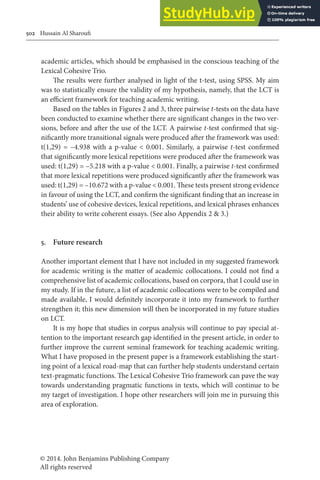 © 2014. John Benjamins Publishing Company
All rights reserved
502 Hussain Al Sharoui
academic articles, which should be emphasised in the conscious teaching of the
Lexical Cohesive Trio.
he results were further analysed in light of the t-test, using SPSS. My aim
was to statistically ensure the validity of my hypothesis, namely, that the LCT is
an eicient framework for teaching academic writing.
Based on the tables in Figures 2 and 3, three pairwise t-tests on the data have
been conducted to examine whether there are signiicant changes in the two ver-
sions, before and ater the use of the LCT. A pairwise t-test conirmed that sig-
niicantly more transitional signals were produced ater the framework was used:
t(1,29) = –4.938 with a p-value < 0.001. Similarly, a pairwise t-test conirmed
that signiicantly more lexical repetitions were produced ater the framework was
used: t(1,29) = –5.218 with a p-value < 0.001. Finally, a pairwise t-test conirmed
that more lexical repetitions were produced signiicantly ater the framework was
used: t(1,29) = –10.672 with a p-value < 0.001. hese tests present strong evidence
in favour of using the LCT, and conirm the signiicant inding that an increase in
students’ use of cohesive devices, lexical repetitions, and lexical phrases enhances
their ability to write coherent essays. (See also Appendix 2 & 3.)
5. Future research
Another important element that I have not included in my suggested framework
for academic writing is the matter of academic collocations. I could not ind a
comprehensive list of academic collocations, based on corpora, that I could use in
my study. If in the future, a list of academic collocations were to be compiled and
made available, I would deinitely incorporate it into my framework to further
strengthen it; this new dimension will then be incorporated in my future studies
on LCT.
It is my hope that studies in corpus analysis will continue to pay special at-
tention to the important research gap identiied in the present article, in order to
further improve the current seminal framework for teaching academic writing.
What I have proposed in the present paper is a framework establishing the start-
ing point of a lexical road-map that can further help students understand certain
text-pragmatic functions. he Lexical Cohesive Trio framework can pave the way
towards understanding pragmatic functions in texts, which will continue to be
my target of investigation. I hope other researchers will join me in pursuing this
area of exploration.
 