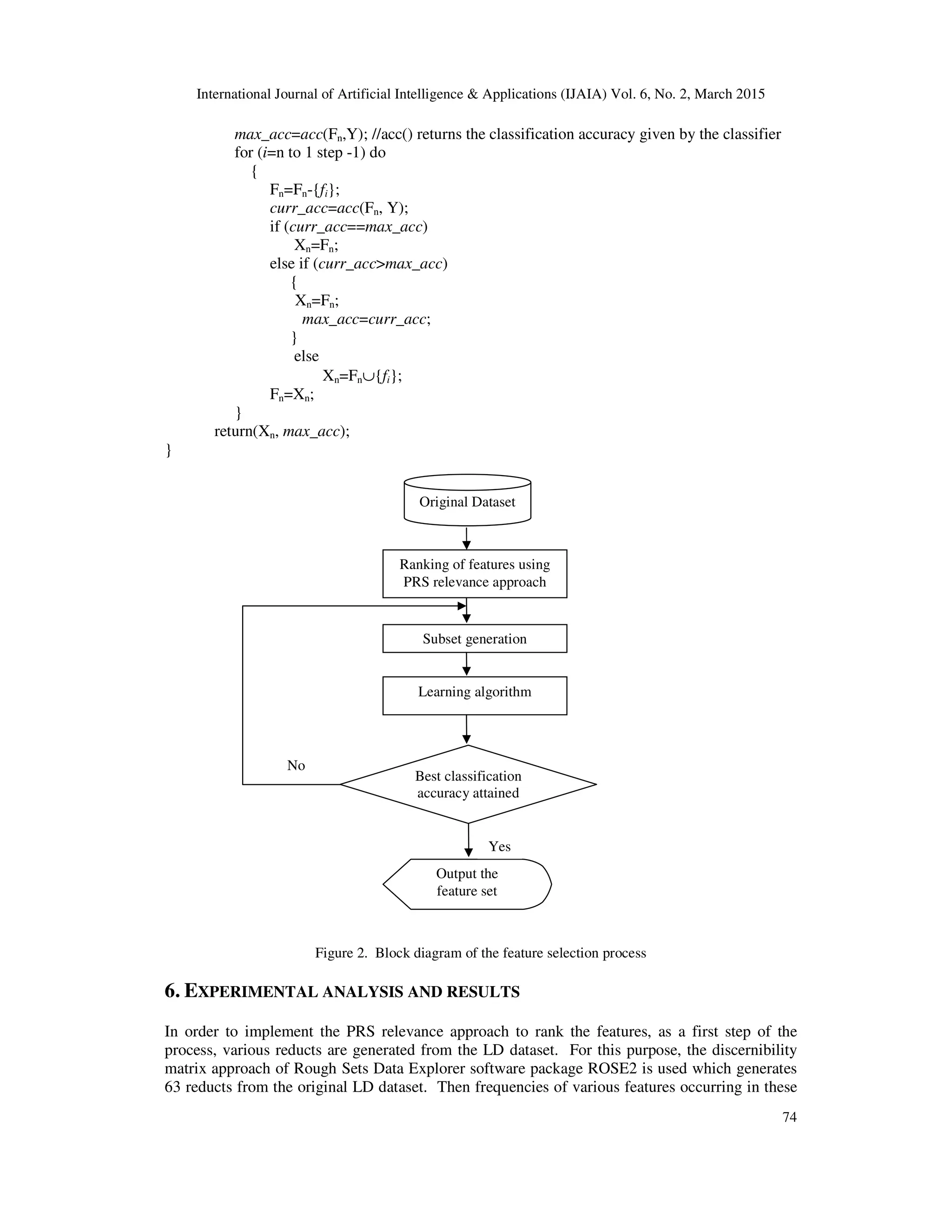 International Journal of Artificial Intelligence & Applications (IJAIA) Vol. 6, No. 2, March 2015
74
max_acc=acc(Fn,Y); //acc() returns the classification accuracy given by the classifier
for (i=n to 1 step -1) do
{
Fn=Fn-{fi};
curr_acc=acc(Fn, Y);
if (curr_acc==max_acc)
Xn=Fn;
else if (curr_acc>max_acc)
{
Xn=Fn;
max_acc=curr_acc;
}
else
Xn=Fn∪{fi};
Fn=Xn;
}
return(Xn, max_acc);
}
Figure 2. Block diagram of the feature selection process
6. EXPERIMENTAL ANALYSIS AND RESULTS
In order to implement the PRS relevance approach to rank the features, as a first step of the
process, various reducts are generated from the LD dataset. For this purpose, the discernibility
matrix approach of Rough Sets Data Explorer software package ROSE2 is used which generates
63 reducts from the original LD dataset. Then frequencies of various features occurring in these
Ranking of features using
PRS relevance approach
Subset generation
Learning algorithm
Best classification
accuracy attained
Output the
feature set
Original Dataset
No
Yes
 