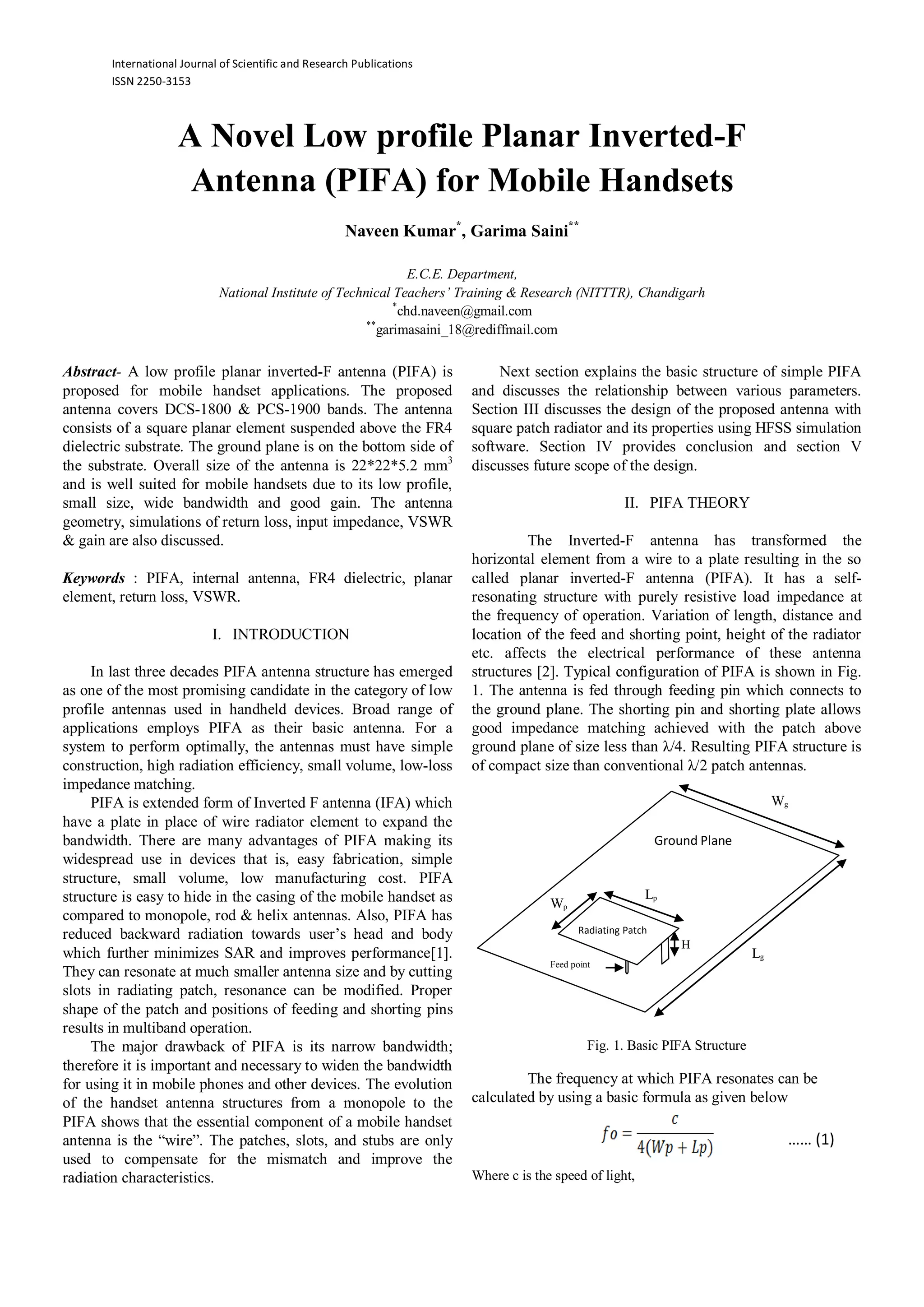 A novel low profile planar inverted f antenna (pifa) for mobile ...