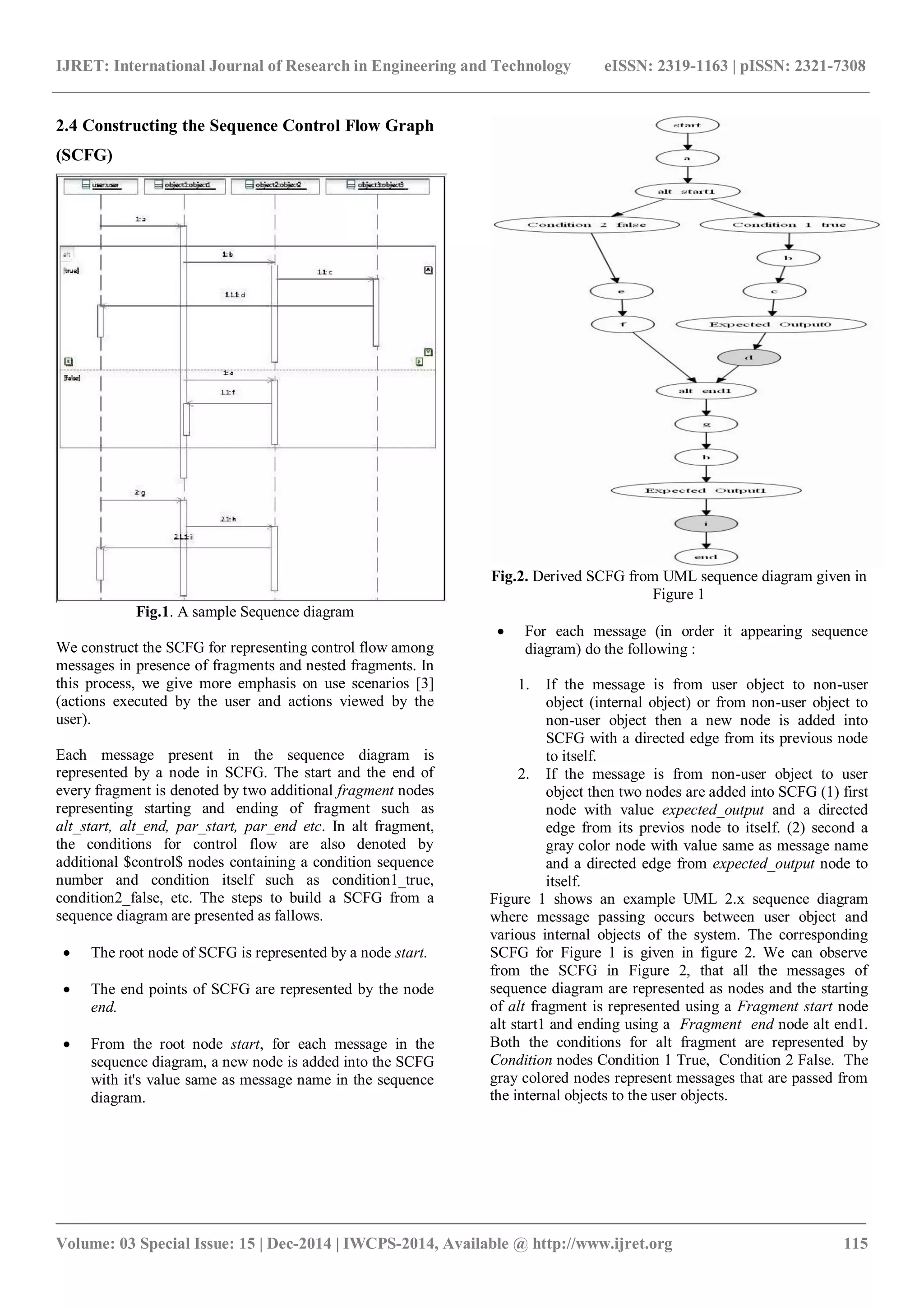IJRET: International Journal of Research in Engineering and Technology eISSN: 2319-1163 | pISSN: 2321-7308
_______________________________________________________________________________________
Volume: 03 Special Issue: 15 | Dec-2014 | IWCPS-2014, Available @ http://www.ijret.org 115
2.4 Constructing the Sequence Control Flow Graph
(SCFG)
Fig.1. A sample Sequence diagram
We construct the SCFG for representing control flow among
messages in presence of fragments and nested fragments. In
this process, we give more emphasis on use scenarios [3]
(actions executed by the user and actions viewed by the
user).
Each message present in the sequence diagram is
represented by a node in SCFG. The start and the end of
every fragment is denoted by two additional fragment nodes
representing starting and ending of fragment such as
alt_start, alt_end, par_start, par_end etc. In alt fragment,
the conditions for control flow are also denoted by
additional $control$ nodes containing a condition sequence
number and condition itself such as condition1_true,
condition2_false, etc. The steps to build a SCFG from a
sequence diagram are presented as fallows.
 The root node of SCFG is represented by a node start.
 The end points of SCFG are represented by the node
end.
 From the root node start, for each message in the
sequence diagram, a new node is added into the SCFG
with it's value same as message name in the sequence
diagram.
Fig.2. Derived SCFG from UML sequence diagram given in
Figure 1
 For each message (in order it appearing sequence
diagram) do the following :
1. If the message is from user object to non-user
object (internal object) or from non-user object to
non-user object then a new node is added into
SCFG with a directed edge from its previous node
to itself.
2. If the message is from non-user object to user
object then two nodes are added into SCFG (1) first
node with value expected_output and a directed
edge from its previos node to itself. (2) second a
gray color node with value same as message name
and a directed edge from expected_output node to
itself.
Figure 1 shows an example UML 2.x sequence diagram
where message passing occurs between user object and
various internal objects of the system. The corresponding
SCFG for Figure 1 is given in figure 2. We can observe
from the SCFG in Figure 2, that all the messages of
sequence diagram are represented as nodes and the starting
of alt fragment is represented using a Fragment start node
alt start1 and ending using a Fragment end node alt end1.
Both the conditions for alt fragment are represented by
Condition nodes Condition 1 True, Condition 2 False. The
gray colored nodes represent messages that are passed from
the internal objects to the user objects.
 