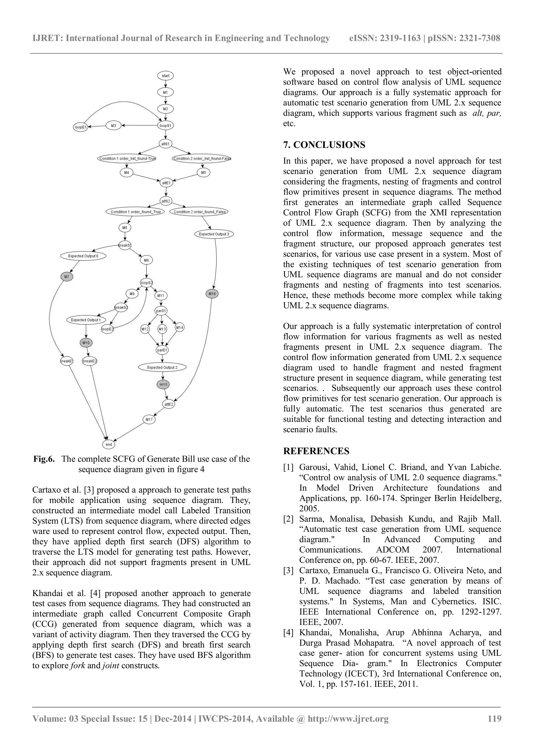IJRET: International Journal of Research in Engineering and Technology eISSN: 2319-1163 | pISSN: 2321-7308
_______________________________________________________________________________________
Volume: 03 Special Issue: 15 | Dec-2014 | IWCPS-2014, Available @ http://www.ijret.org 119
Fig.6. The complete SCFG of Generate Bill use case of the
sequence diagram given in figure 4
Cartaxo et al. [3] proposed a approach to generate test paths
for mobile application using sequence diagram. They,
constructed an intermediate model call Labeled Transition
System (LTS) from sequence diagram, where directed edges
ware used to represent control flow, expected output. Then,
they have applied depth first search (DFS) algorithm to
traverse the LTS model for generating test paths. However,
their approach did not support fragments present in UML
2.x sequence diagram.
Khandai et al. [4] proposed another approach to generate
test cases from sequence diagrams. They had constructed an
intermediate graph called Concurrent Composite Graph
(CCG) generated from sequence diagram, which was a
variant of activity diagram. Then they traversed the CCG by
applying depth first search (DFS) and breath first search
(BFS) to generate test cases. They have used BFS algorithm
to explore fork and joint constructs.
We proposed a novel approach to test object-oriented
software based on control flow analysis of UML sequence
diagrams. Our approach is a fully systematic approach for
automatic test scenario generation from UML 2.x sequence
diagram, which supports various fragment such as alt, par,
etc.
7. CONCLUSIONS
In this paper, we have proposed a novel approach for test
scenario generation from UML 2.x sequence diagram
considering the fragments, nesting of fragments and control
flow primitives present in sequence diagrams. The method
first generates an intermediate graph called Sequence
Control Flow Graph (SCFG) from the XMI representation
of UML 2.x sequence diagram. Then by analyzing the
control flow information, message sequence and the
fragment structure, our proposed approach generates test
scenarios, for various use case present in a system. Most of
the existing techniques of test scenario generation from
UML sequence diagrams are manual and do not consider
fragments and nesting of fragments into test scenarios.
Hence, these methods become more complex while taking
UML 2.x sequence diagrams.
Our approach is a fully systematic interpretation of control
flow information for various fragments as well as nested
fragments present in UML 2.x sequence diagram. The
control flow information generated from UML 2.x sequence
diagram used to handle fragment and nested fragment
structure present in sequence diagram, while generating test
scenarios. . Subsequently our approach uses these control
flow primitives for test scenario generation. Our approach is
fully automatic. The test scenarios thus generated are
suitable for functional testing and detecting interaction and
scenario faults.
REFERENCES
[1] Garousi, Vahid, Lionel C. Briand, and Yvan Labiche.
“Control ow analysis of UML 2.0 sequence diagrams."
In Model Driven Architecture foundations and
Applications, pp. 160-174. Springer Berlin Heidelberg,
2005.
[2] Sarma, Monalisa, Debasish Kundu, and Rajib Mall.
“Automatic test case generation from UML sequence
diagram." In Advanced Computing and
Communications. ADCOM 2007. International
Conference on, pp. 60-67. IEEE, 2007.
[3] Cartaxo, Emanuela G., Francisco G. Oliveira Neto, and
P. D. Machado. “Test case generation by means of
UML sequence diagrams and labeled transition
systems." In Systems, Man and Cybernetics. ISIC.
IEEE International Conference on, pp. 1292-1297.
IEEE, 2007.
[4] Khandai, Monalisha, Arup Abhinna Acharya, and
Durga Prasad Mohapatra. “A novel approach of test
case gener- ation for concurrent systems using UML
Sequence Dia- gram." In Electronics Computer
Technology (ICECT), 3rd International Conference on,
Vol. 1, pp. 157-161. IEEE, 2011.
 