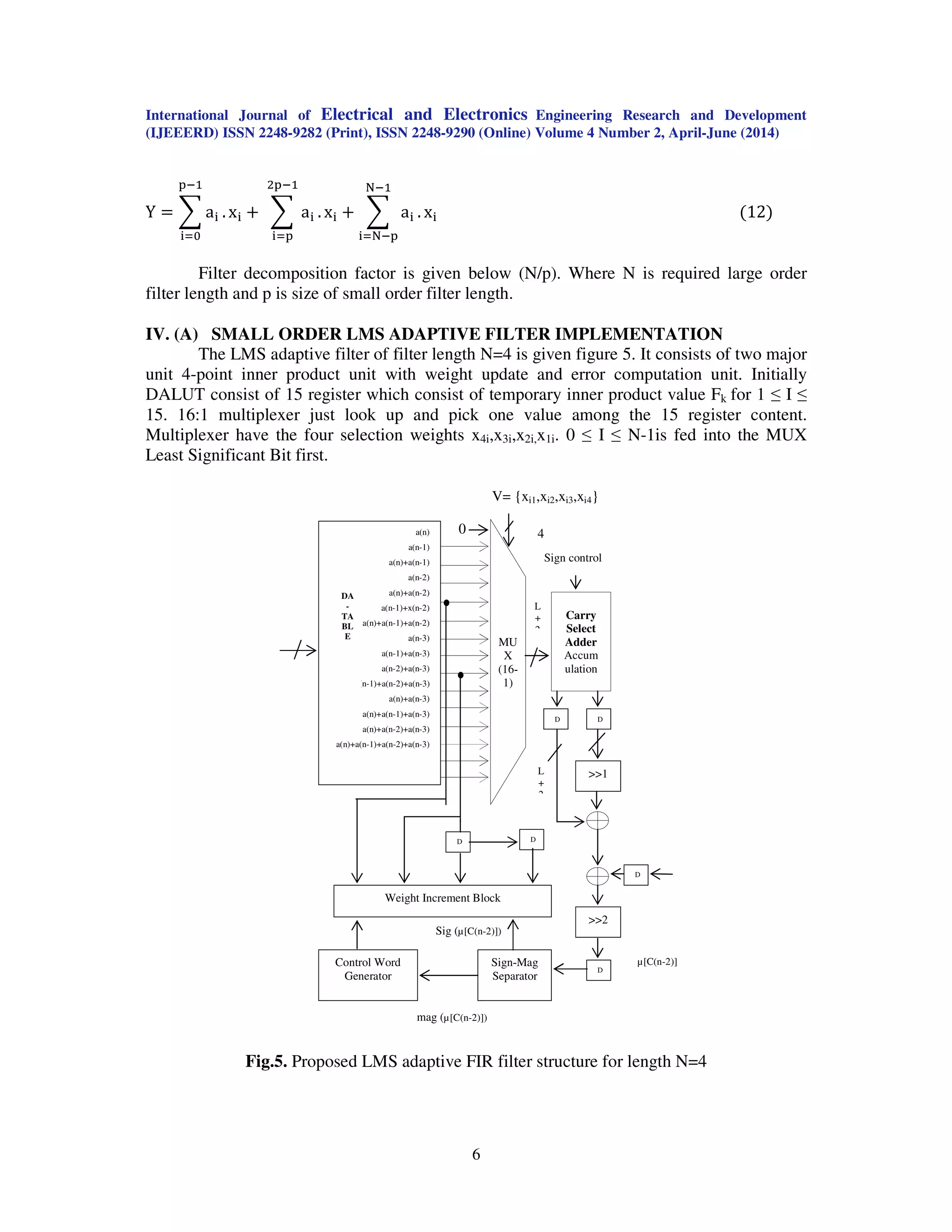 International Journal of Electrical and Electronics Engineering Research and Development
(IJEEERD) ISSN 2248-9282 (Print), ISSN 2248-9290 (Online) Volume 4 Number 2, April-June (2014)
6
Y ൌ ෍ a୧ .
୮ିଵ
୧ୀ଴
x୧ ൅ ෍ a୧ .
ଶ୮ିଵ
୧ୀ୮
x୧ ൅ ෍ a୧ .
୒ିଵ
୧ୀ୒ି୮
x୧ ሺ12ሻ
Filter decomposition factor is given below (N/p). Where N is required large order
filter length and p is size of small order filter length.
IV. (A) SMALL ORDER LMS ADAPTIVE FILTER IMPLEMENTATION
The LMS adaptive filter of filter length N=4 is given figure 5. It consists of two major
unit 4-point inner product unit with weight update and error computation unit. Initially
DALUT consist of 15 register which consist of temporary inner product value Fk for 1 ≤ I ≤
15. 16:1 multiplexer just look up and pick one value among the 15 register content.
Multiplexer have the four selection weights x4i,x3i,x2i,x1i. 0 ≤ I ≤ N-1is fed into the MUX
Least Significant Bit first.
Fig.5. Proposed LMS adaptive FIR filter structure for length N=4
D D
X(n
-2) X(n
-3)
X(n-4) X(n-5)
X(n+1
)
L
a(n)
a(n-1)
a(n)+a(n-1)
a(n-2)
a(n)+a(n-2)
a(n-1)+x(n-2)
a(n)+a(n-1)+a(n-2)
a(n-3)
a(n-1)+a(n-3)
a(n-2)+a(n-3)
a(n-1)+a(n-2)+a(n-3)
a(n)+a(n-3)
a(n)+a(n-1)+a(n-3)
a(n)+a(n-2)+a(n-3)
a(n)+a(n-1)+a(n-2)+a(n-3)
Weight Increment Block
>>2
D
D
d(n)
µ[C(n-2)]Sign-Mag
Separator
Control Word
Generator
mag (µ[C(n-2)])
Sig (µ[C(n-2)])
Carry
Select
Adder
Accum
ulation
L
+
2
D D
>>1
L+2
L
+
2
Sign control
0
MU
X
(16-
1)
V= {xi1,xi2,xi3,xi4}
4
DA
-
TA
BL
E
 