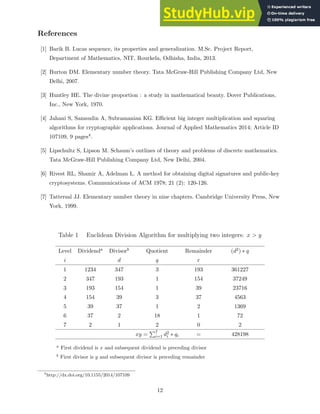 References
[1] Barik B. Lucas sequence, its properties and generalization. M.Sc. Project Report,
Department of Mathematics, NIT, Rourkela, Odhisha, India, 2013.
[2] Burton DM. Elementary number theory. Tata McGraw-Hill Publishing Company Ltd, New
Delhi, 2007.
[3] Huntley HE. The divine proportion : a study in mathematical beauty. Dover Publications,
Inc., New York, 1970.
[4] Jahani S, Samsudin A, Subramanian KG. Efficient big integer multiplication and squaring
algorithms for cryptographic applications. Journal of Applied Mathematics 2014; Article ID
107109, 9 pages4.
[5] Lipschultz S, Lipson M. Schaum’s outlines of theory and problems of discrete mathematics.
Tata McGraw-Hill Publishing Company Ltd, New Delhi, 2004.
[6] Rivest RL, Shamir A, Adelman L. A method for obtaining digital signatures and public-key
cryptosystems. Communications of ACM 1978; 21 (2): 120-126.
[7] Tattersal JJ. Elementary number theory in nine chapters. Cambridge University Press, New
York, 1999.
Table 1 Euclidean Division Algorithm for multiplying two integers: x > y
Level Dividenda Divisorb Quotient Remainder (d2) ∗ q
i d q r
1 1234 347 3 193 361227
2 347 193 1 154 37249
3 193 154 1 39 23716
4 154 39 3 37 4563
5 39 37 1 2 1369
6 37 2 18 1 72
7 2 1 2 0 2
xy =
P7
i=1 d2
i ∗ qi = 428198
a
First dividend is x and subsequent dividend is preceding divisor
b
First divisor is y and subsequent divisor is preceding remainder
4
http://dx.doi.org/10.1155/2014/107109
12
 