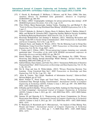 International Journal of Computer Engineering and Technology (IJCET), ISSN 0976-
6367(Print), ISSN 0976 – 6375(Online) Volume 4, Issue 4, July-August (2013), © IAEME
379
[37] C. Dwork, K. Kenthapadi, F. McSherry, I. Mironov, and M. Naor, (2006) “Our data,
ourselves: Privacy via distributed noise generation”, Advances in Cryptology-
EUROCRYPT, pp. 486–503.
[38] B. Pinkas, (2002)" Cryptographic techniques for privacy-preserving data mining", ACM
SIGKDD Explorations Newsletter, Vol. 4, No. 2, pp. 12-19.
[39] Chris Clifton, Murat Kantarcioglu, Jaideep Vaidya, Xiaodong Lin, and Michael Y. Zhu
“Tools for Privacy Preserving Distributed Data Mining”,SIGKDD Explorations,Vol. 4, No.
2, pp 1-7.
[40] Victor P. Hubenko Jr., Richard A. Raines, Rusty O. Baldwin, Barry E. Mullins, Robert F.
Mills, and Michael R. Grimaila,(2007) “Improving Satellite Multicast Security Scalability
by Reducing Rekeying Requirements”,IEEE Network ,Vol. 21, No.4, pp. 51-56.
[41] Bezawada Bruhadeshwar and Sandeep S. Kulkarni, (2011) "Balancing Revocation and
Storage Trade-Offs in Secure Group Communication", IEEE Transactions on Dependable
and Secure Computing, Vol. 8, No. 1, pp. 58-73.
[42] Nathaniel Karst, and Stephen B. Wicker, (2011) "On the Rekeying Load in Group Key
Distributions Using Cover-Free Families ", IEEE Transactions on Knowledge and Data
Engineering, Vol. 58, No. 10, pp. 6667 – 6671.
[43] J. Vaidya and C. Clifton, (2003) “Privacy-preserving k-means clustering over vertically
partitioned data,” Proceedings of the ninth ACM SIGKDD international conference on
Knowledge discovery and data (KDD '03), pp. 206-215.
[44] Patrick Sharkey, Hongwei Tian, Weining Zhang, and Shouhuai Xu, (2008) “Privacy-
Preserving Data Mining through Knowledge Model Sharing”, Springer-Verlag ,Berlin
Heidelberg 2008 LNCS 4890, pp. 97–115.
[45] Gabriel Ghinita, Panos Kalnis, and Yufei Tao, (2011) “Anonymous Publication of Sensitive
Transactional Data”, IEEE Transactions on Knowledge and Data Engineering, Vol. 23, No.
2,. Pp. 161-174.
[46] Pui K. Fong and Jens H. Weber-Jahnke, (2012) “Privacy Preserving Decision Tree
Learning Using Unrealized Data Sets”, IEEE Transactions on Knowledge and Data
Engineering, Vol. 24, No. 2, pp. 353 – 364.
[47] Arjen K. Lenstra, “Key length. Handbook of Information Security”, Editor-in-Chief,
Hossein Bidgoli, pp. 617–635.
[48] Khatri Nishant P., Preeti Gupta and Tusal Patel, “Privacy Preserving Clustering on
Centralized Data Through Scaling Transformation”, International Journal of Computer
Engineering & Technology (IJCET), Volume 4, Issue 3, 2013, pp. 449 - 454, ISSN Print:
0976 – 6367, ISSN Online: 0976 – 6375.
[49] D.Pratiba and Dr.G.Shobha, “Privacy-Preserving Public Auditing for Data Storage Security
in Cloud Computing”, International Journal of Computer Engineering & Technology
(IJCET), Volume 4, Issue 3, 2013, pp. 441 - 448, ISSN Print: 0976 – 6367, ISSN Online:
0976 – 6375.
[50] Sumana M and Hareesha K S, “Preprocessing and Secure Computations for Privacy
Preservation Data Mining”, International Journal of Computer Engineering & Technology
(IJCET), Volume 4, Issue 4, 2013, pp. 203 - 212, ISSN Print: 0976 – 6367, ISSN Online:
0976 – 6375.
[51] R. Manickam, D. Boominath and V. Bhuvaneswari,, “An Analysis of Data Mining: Past,
Present and Future”, International Journal of Computer Engineering & Technology
(IJCET), Volume 3, Issue 1, 2012, pp. 1 - 9, ISSN Print: 0976 – 6367, ISSN Online:
0976 – 6375.
 