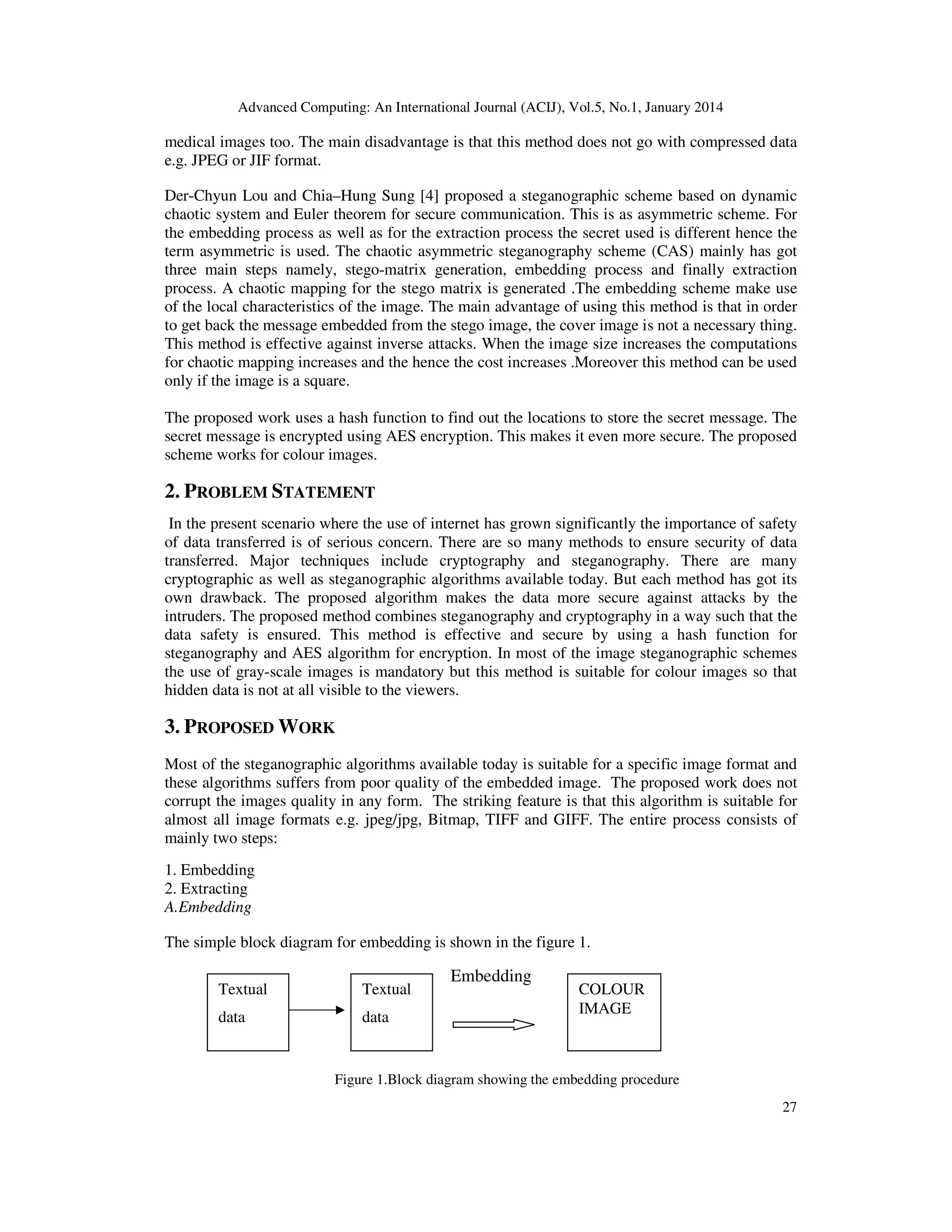 Advanced Computing: An International Journal (ACIJ), Vol.5, No.1, January 2014

medical images too. The main disadvantage is that this method does not go with compressed data
e.g. JPEG or JIF format.
Der-Chyun Lou and Chia–Hung Sung [4] proposed a steganographic scheme based on dynamic
chaotic system and Euler theorem for secure communication. This is as asymmetric scheme. For
the embedding process as well as for the extraction process the secret used is different hence the
term asymmetric is used. The chaotic asymmetric steganography scheme (CAS) mainly has got
three main steps namely, stego-matrix generation, embedding process and finally extraction
process. A chaotic mapping for the stego matrix is generated .The embedding scheme make use
of the local characteristics of the image. The main advantage of using this method is that in order
to get back the message embedded from the stego image, the cover image is not a necessary thing.
This method is effective against inverse attacks. When the image size increases the computations
for chaotic mapping increases and the hence the cost increases .Moreover this method can be used
only if the image is a square.
The proposed work uses a hash function to find out the locations to store the secret message. The
secret message is encrypted using AES encryption. This makes it even more secure. The proposed
scheme works for colour images.

2. PROBLEM STATEMENT
In the present scenario where the use of internet has grown significantly the importance of safety
of data transferred is of serious concern. There are so many methods to ensure security of data
transferred. Major techniques include cryptography and steganography. There are many
cryptographic as well as steganographic algorithms available today. But each method has got its
own drawback. The proposed algorithm makes the data more secure against attacks by the
intruders. The proposed method combines steganography and cryptography in a way such that the
data safety is ensured. This method is effective and secure by using a hash function for
steganography and AES algorithm for encryption. In most of the image steganographic schemes
the use of gray-scale images is mandatory but this method is suitable for colour images so that
hidden data is not at all visible to the viewers.

3. PROPOSED WORK
Most of the steganographic algorithms available today is suitable for a specific image format and
these algorithms suffers from poor quality of the embedded image. The proposed work does not
corrupt the images quality in any form. The striking feature is that this algorithm is suitable for
almost all image formats e.g. jpeg/jpg, Bitmap, TIFF and GIFF. The entire process consists of
mainly two steps:
1. Embedding
2. Extracting
A.Embedding
The simple block diagram for embedding is shown in the figure 1.
Textual

Textual

data

data

Embedding

COLOUR
IMAGE

Figure 1.Block diagram showing the embedding procedure
27

 