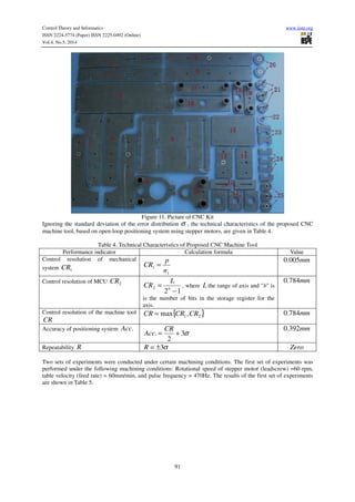 Control Theory and Informatics www.iiste.org
ISSN 2224-5774 (Paper) ISSN 2225-0492 (Online)
Vol.4, No.5, 2014
91
Figure 11. Picture of CNC Kit
Ignoring the standard deviation of the error distribution σ , the technical characteristics of the proposed CNC
machine tool, based on open-loop positioning system using stepper motors, are given in Table 4.
Table 4. Technical Characteristics of Proposed CNC Machine Tool
Performance indicator Calculation formula Value
Control resolution of mechanical
system 1CR
sn
p
CR =1
mm005.0
Control resolution of MCU 2CR
12
2
−
= b
L
CR , where L the range of axis and "b" is
is the number of bits in the storage register for the
axis.
mm784.0
Control resolution of the machine tool
CR
{ }21 ,max CRCRCR = mm784.0
Accuracy of positioning system .Acc
σ3
2
. +=
CR
Acc
mm392.0
Repeatability R σ3±=R Zero
Two sets of experiments were conducted under certain machining conditions. The first set of experiments was
performed under the following machining conditions: Rotational speed of stepper motor (leadscrew) =60 rpm,
table velocity (feed rate) = 60mm/min, and pulse frequency = 470Hz. The results of the first set of experiments
are shown in Table 5.
 