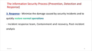 - Minimize the damage caused by security incidents and to
quickly
- Incident response team, Containment and recovery, Post-incident
analysis
8/6/2024 34
 
