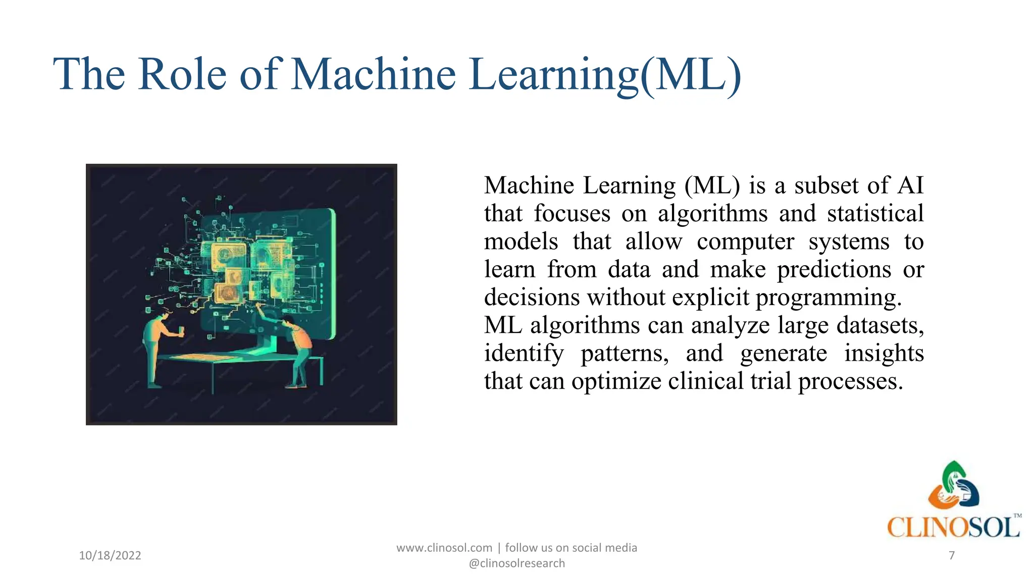 The Role of Machine Learning(ML)
Machine Learning (ML) is a subset of AI
that focuses on algorithms and statistical
models that allow computer systems to
learn from data and make predictions or
decisions without explicit programming.
ML algorithms can analyze large datasets,
identify patterns, and generate insights
that can optimize clinical trial processes.
10/18/2022
www.clinosol.com | follow us on social media
@clinosolresearch
7
 