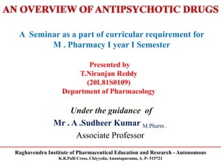 Raghavendra Institute of Pharmaceutical Education and Research - Autonomous
K.R.Palli Cross, Chiyyedu, Anantapuramu, A. P- 515721
A Seminar as a part of curricular requirement for
M . Pharmacy I year I Semester
Presented by
T.Niranjan Reddy
(20L81S0109)
Department of Pharmacology
Under the guidance of
Mr . A .Sudheer Kumar M.Pharm .
Associate Professor
 