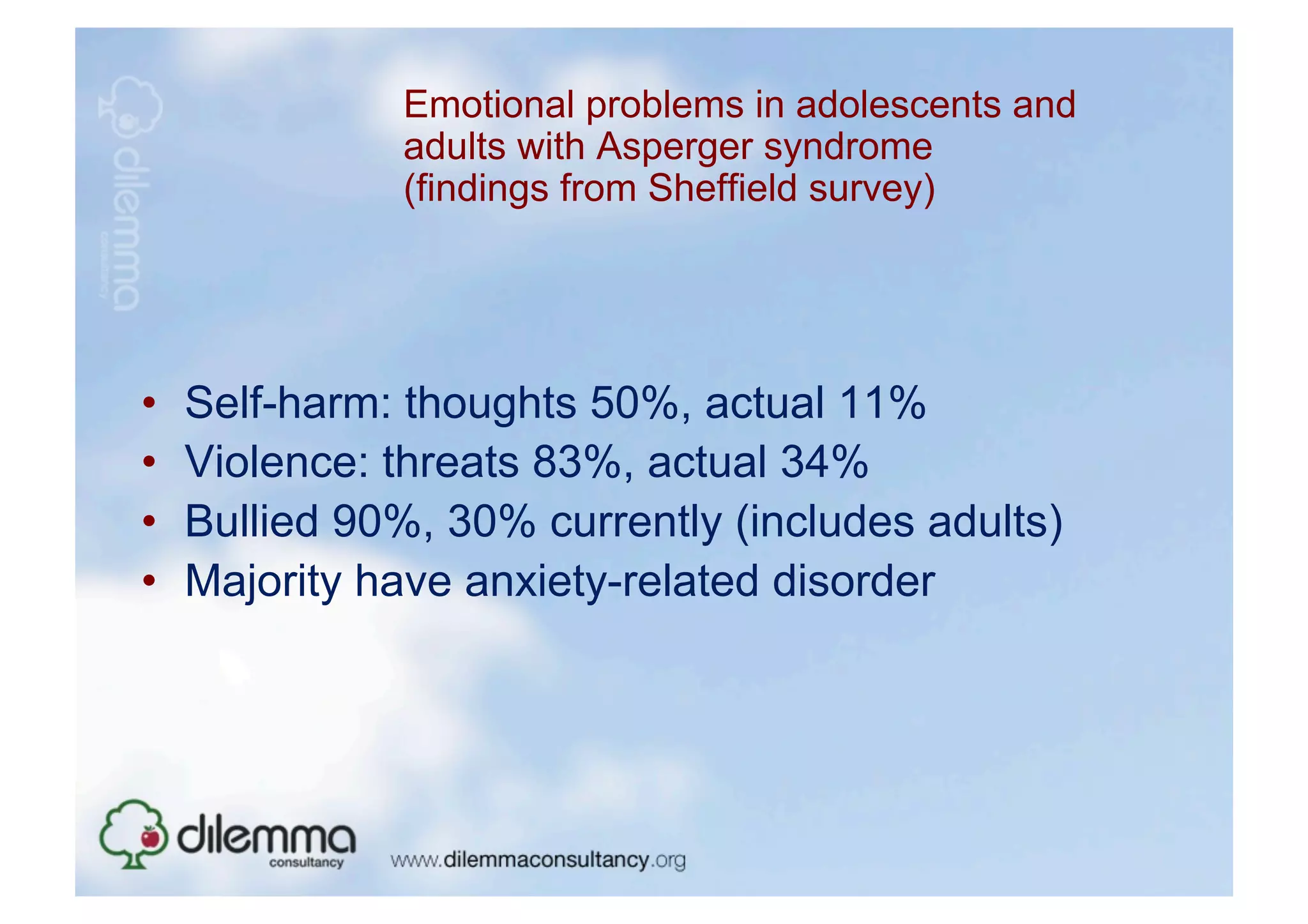 Emotional problems in adolescents and
               adults with Asperger syndrome
               (findings from Sheffield survey)




•    Self-harm: thoughts 50%, actual 11%
•    Violence: threats 83%, actual 34%
•    Bullied 90%, 30% currently (includes adults)
•    Majority have anxiety-related disorder
 