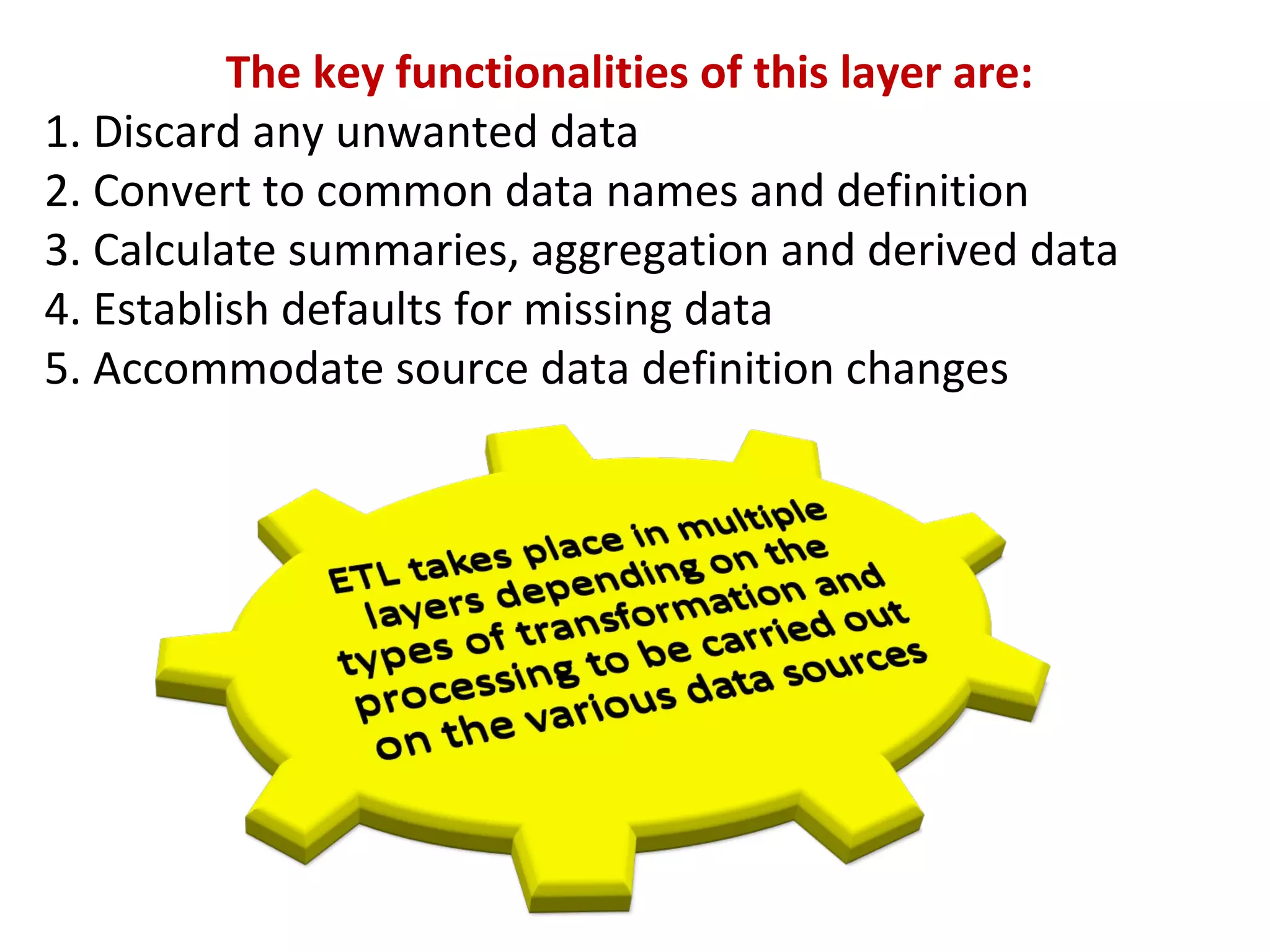 The key functionalities of this layer are:
1. Discard any unwanted data
2. Convert to common data names and definition
3. Calculate summaries, aggregation and derived data
4. Establish defaults for missing data
5. Accommodate source data definition changes
 