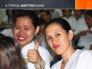 You can do a lot more with movies in
PowerPoint 2011.
Movies can be embedded in your
presentation. That’s right, no more
lost movies!
Also, you can recolor the entire movie
or apply a movie style easily. Your
movies will look great!
A TYPICAL WRITTEN EXAM
 