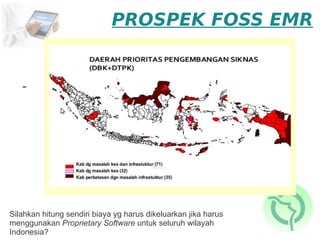 PROSPEK FOSS EMR


   -




Silahkan hitung sendiri biaya yg harus dikeluarkan jika harus
menggunakan Proprietary Software untuk seluruh wilayah
Indonesia?
 
