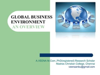 GLOBAL BUSINESS ENVIRONMENT   AN OVERVIEW A.VEENA M.Com.,PhD(registered) Research Scholar Madras Christian College, Chennai [email_address] 