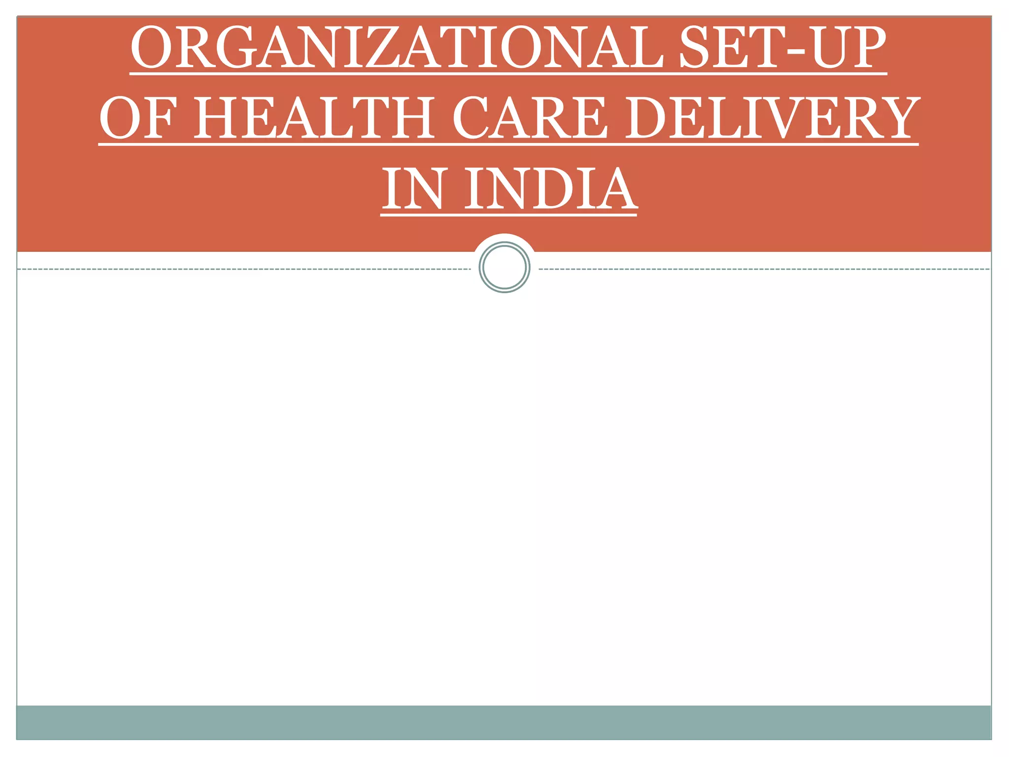 ORGANIZATIONAL SET-UP
OF HEALTH CARE DELIVERY
IN INDIA
 