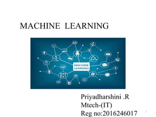 MACHINE LEARNING
Priyadharshini .R
Mtech-(IT)
Reg no:2016246017 1
 