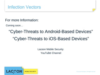 Infection Vectors
For more Information:
Coming soon…

“Cyber-Threats to Android-Based Devices”
“Cyber-Threats to iOS-Based Devices”
Lacoon Mobile Security
YouTube Channel

 