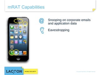 mRAT Capabilities
Snooping on corporate emails
and application data
Eavesdropping

 