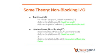 ● Traditional I/O
var result = db.query(‚select x from table_Y‛);
doSomethingWith(result); //wait for result!
doSomethingWithOutResult(); //execution is blocked!
● Non-traditional, Non-blocking I/O
db.query(‚select x from table_Y”,function (result){
doSomethingWith(result); //wait for result!
});
doSomethingWithOutResult(); //executes without any
Delay!
Some Theory: Non-Blocking I/O
 