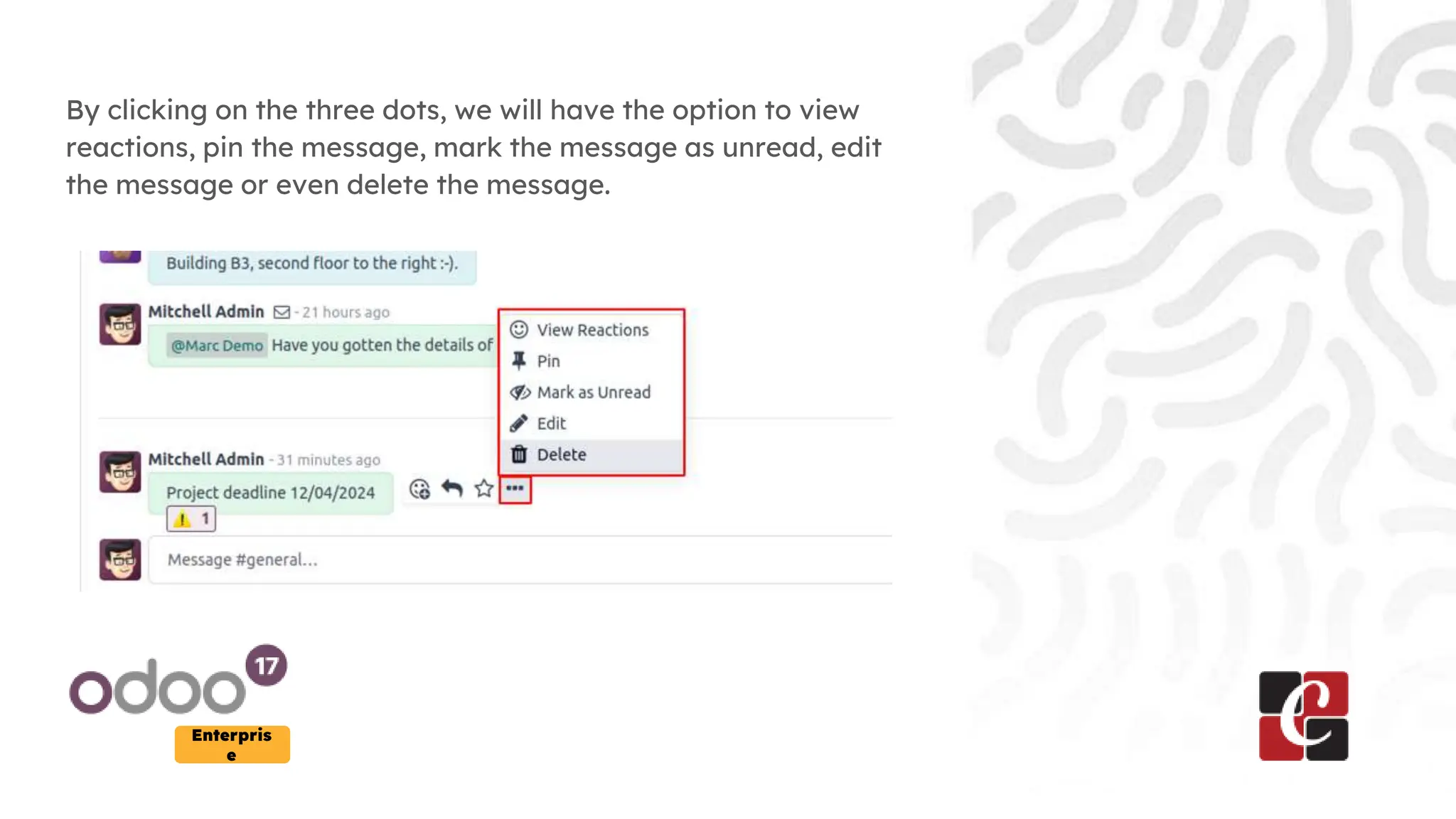 Enterpris
e
By clicking on the three dots, we will have the option to view
reactions, pin the message, mark the message as unread, edit
the message or even delete the message.
 