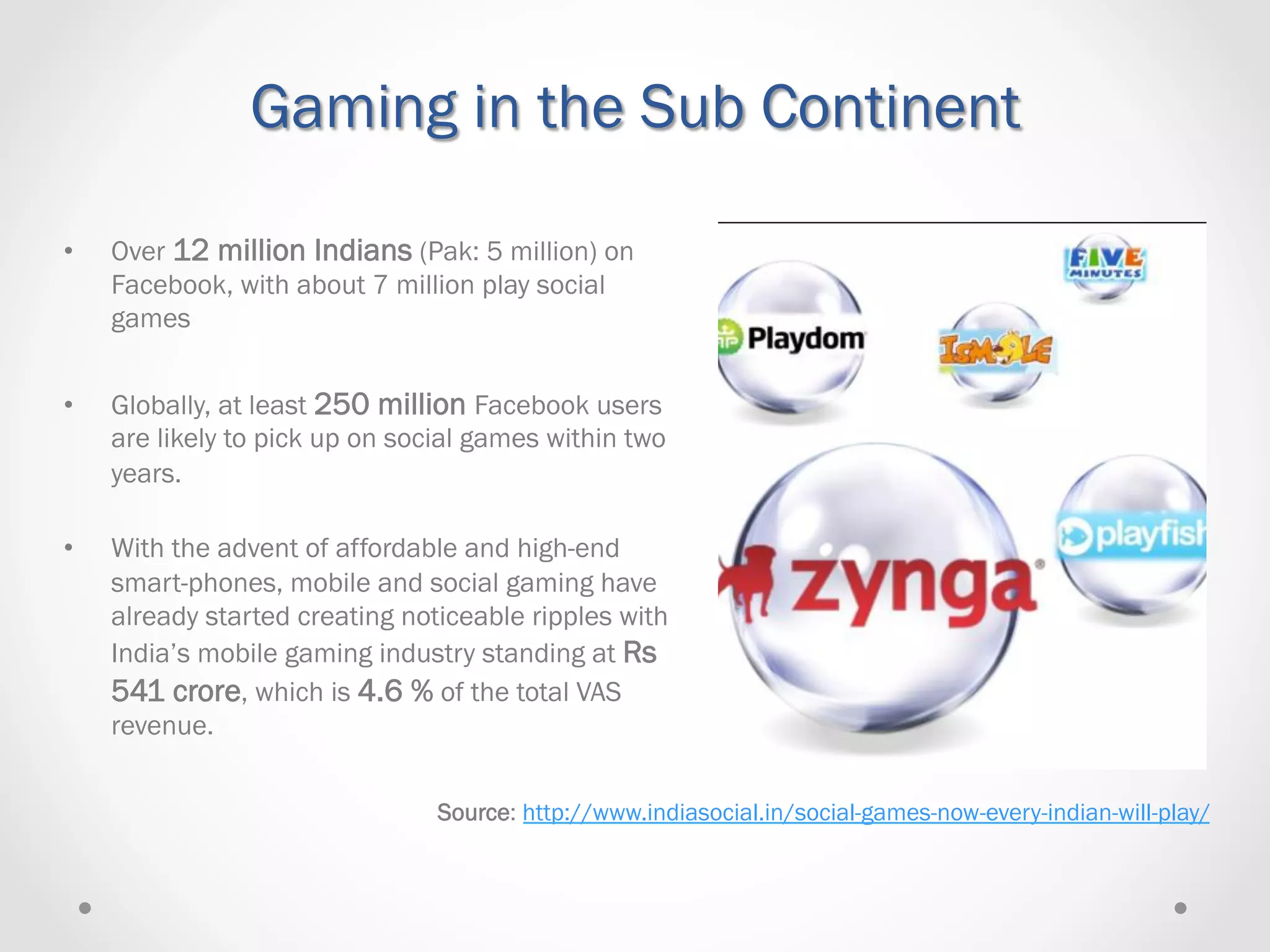 Gaming in the Sub Continent

•    Over 12 million Indians (Pak: 5 million) on
     Facebook, with about 7 million play social
     games


•    Globally, at least 250 million Facebook users
     are likely to pick up on social games within two
     years.

•    With the advent of affordable and high-end
     smart-phones, mobile and social gaming have
     already started creating noticeable ripples with
     India’s mobile gaming industry standing at Rs
     541 crore, which is 4.6 % of the total VAS
     revenue.


                                 Source: http://www.indiasocial.in/social-games-now-every-indian-will-play/
 