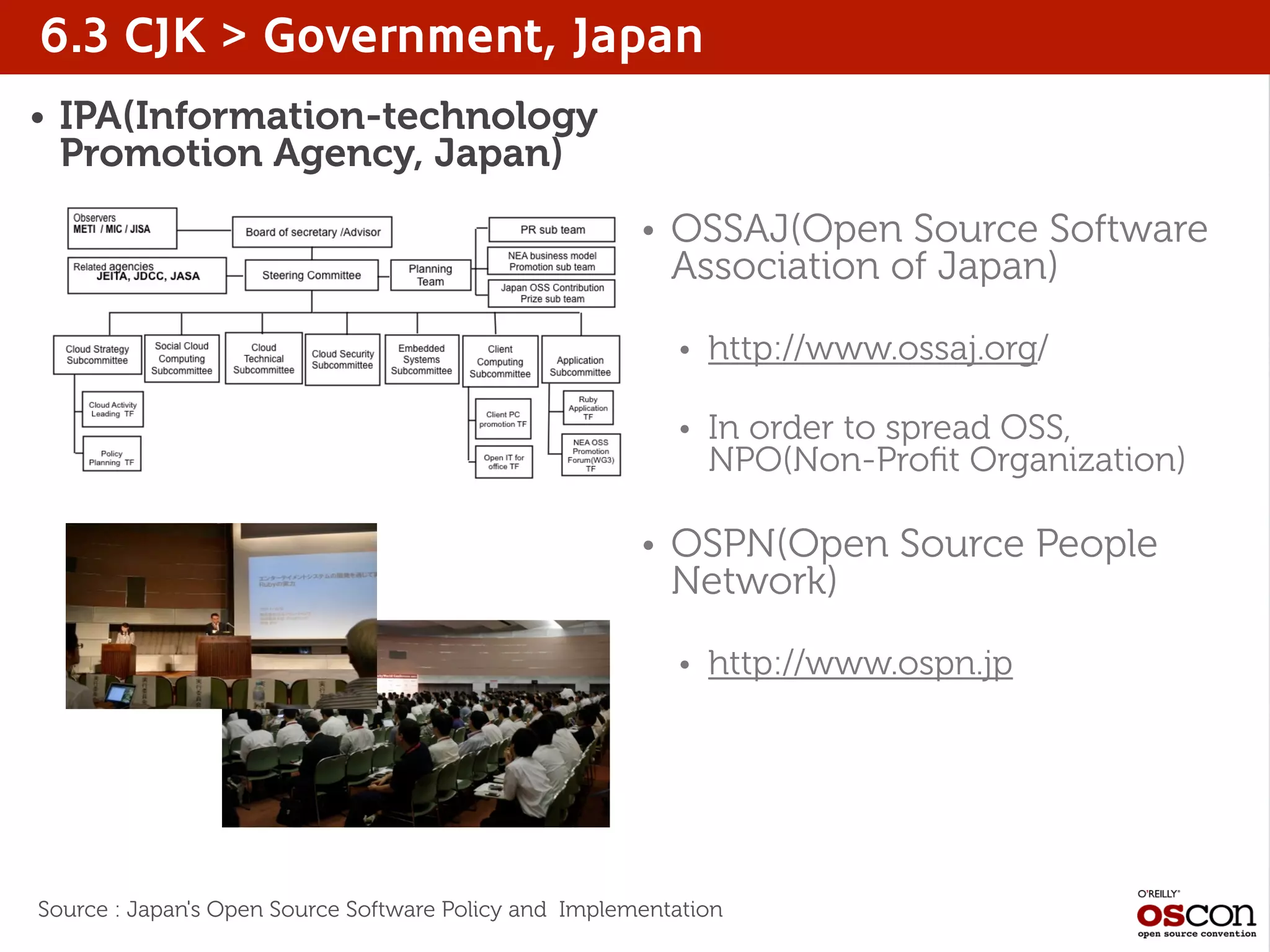 • IPA(Information-technology
Promotion Agency, Japan)
6.3 CJK > Government, Japan
Source : Japan's Open Source Software Policy and Implementation
• OSSAJ(Open Source Software
Association of Japan)
• http://www.ossaj.org/
• In order to spread OSS,
NPO(Non-Proﬁt Organization)
• OSPN(Open Source People
Network)
• http://www.ospn.jp
 