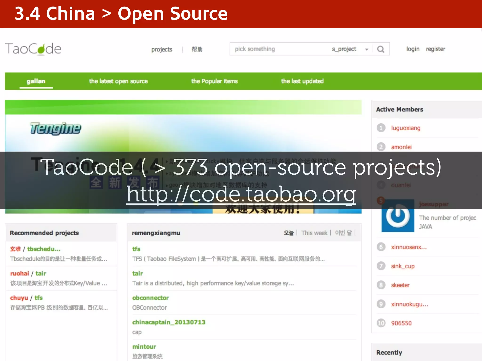 TaoCode ( > 373 open-source projects)
http://code.taobao.org
3.4 China > Open Source
 